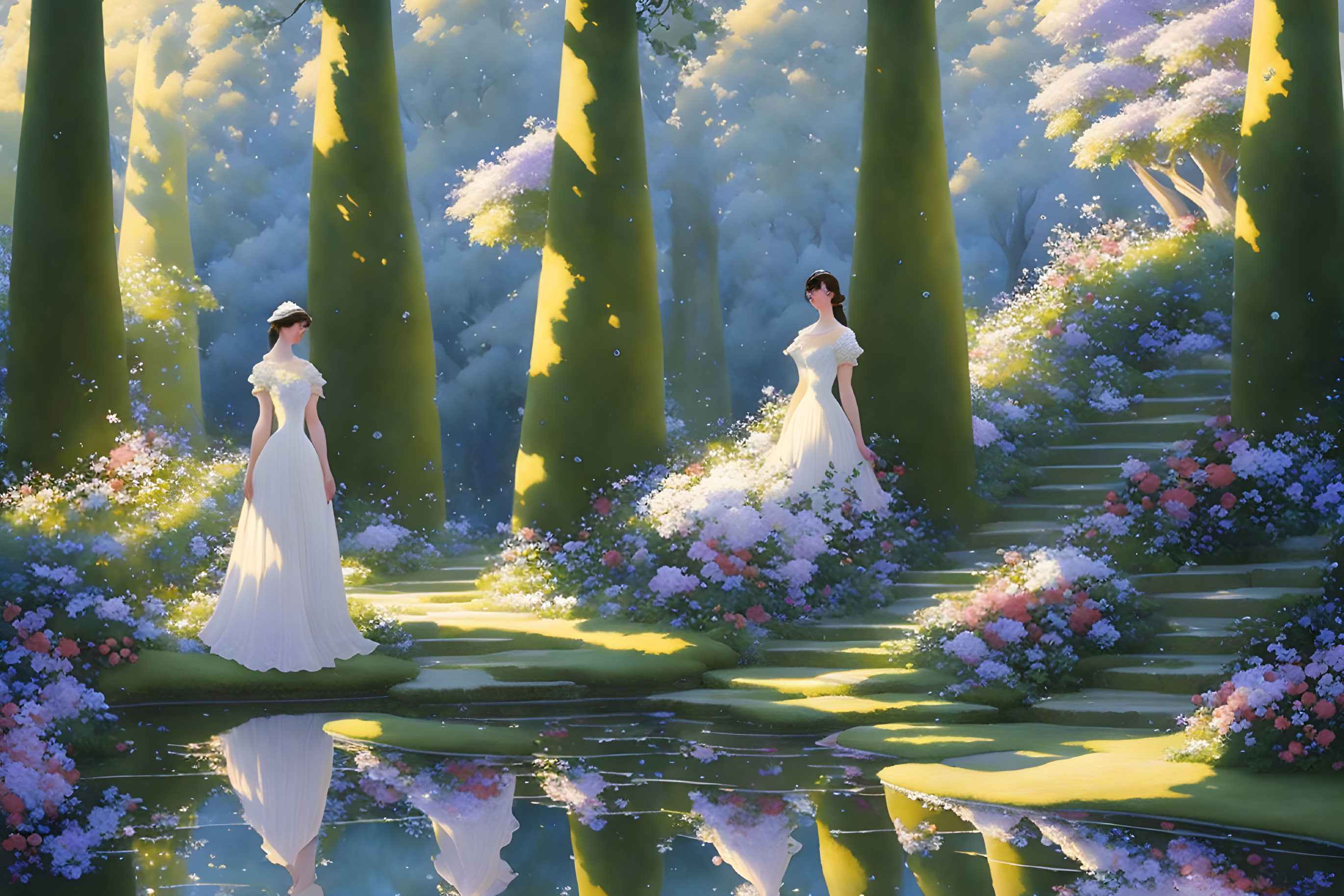 Two women in elegant dresses in serene forest pond setting