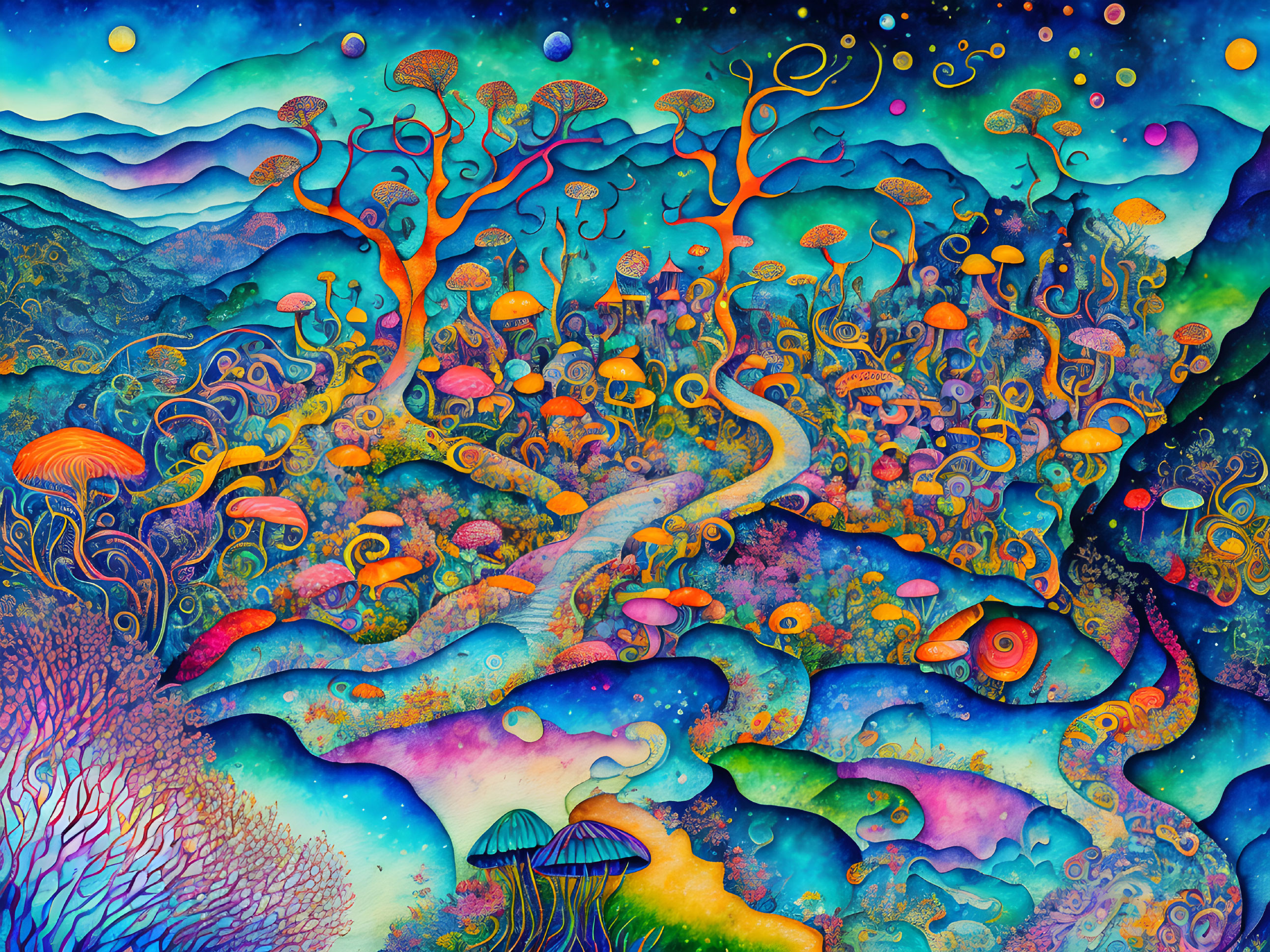 Colorful Psychedelic Landscape with Mushrooms, Swirling Paths, and Starry Sky