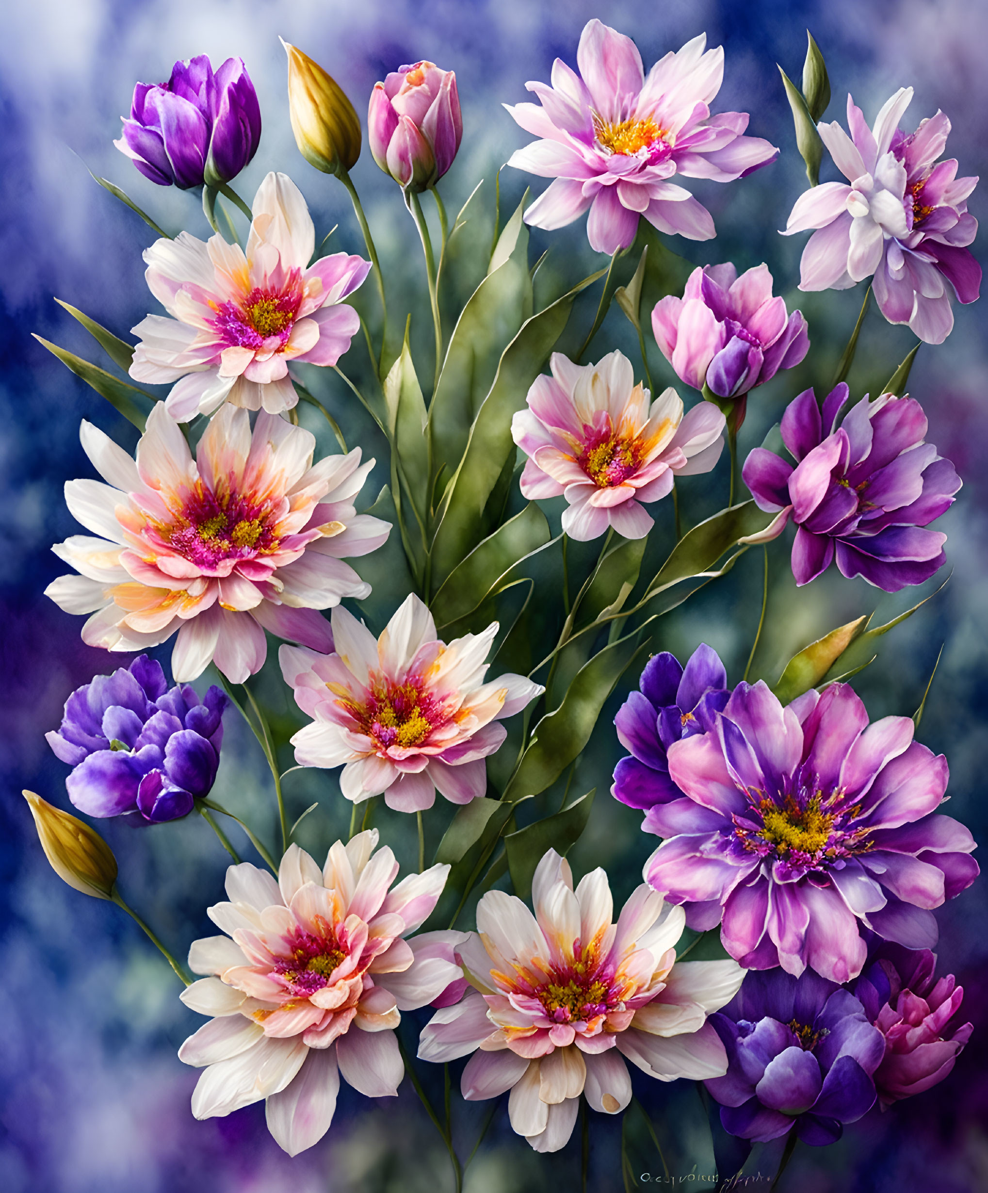 Purple and White Flower Bouquet on Blue Background