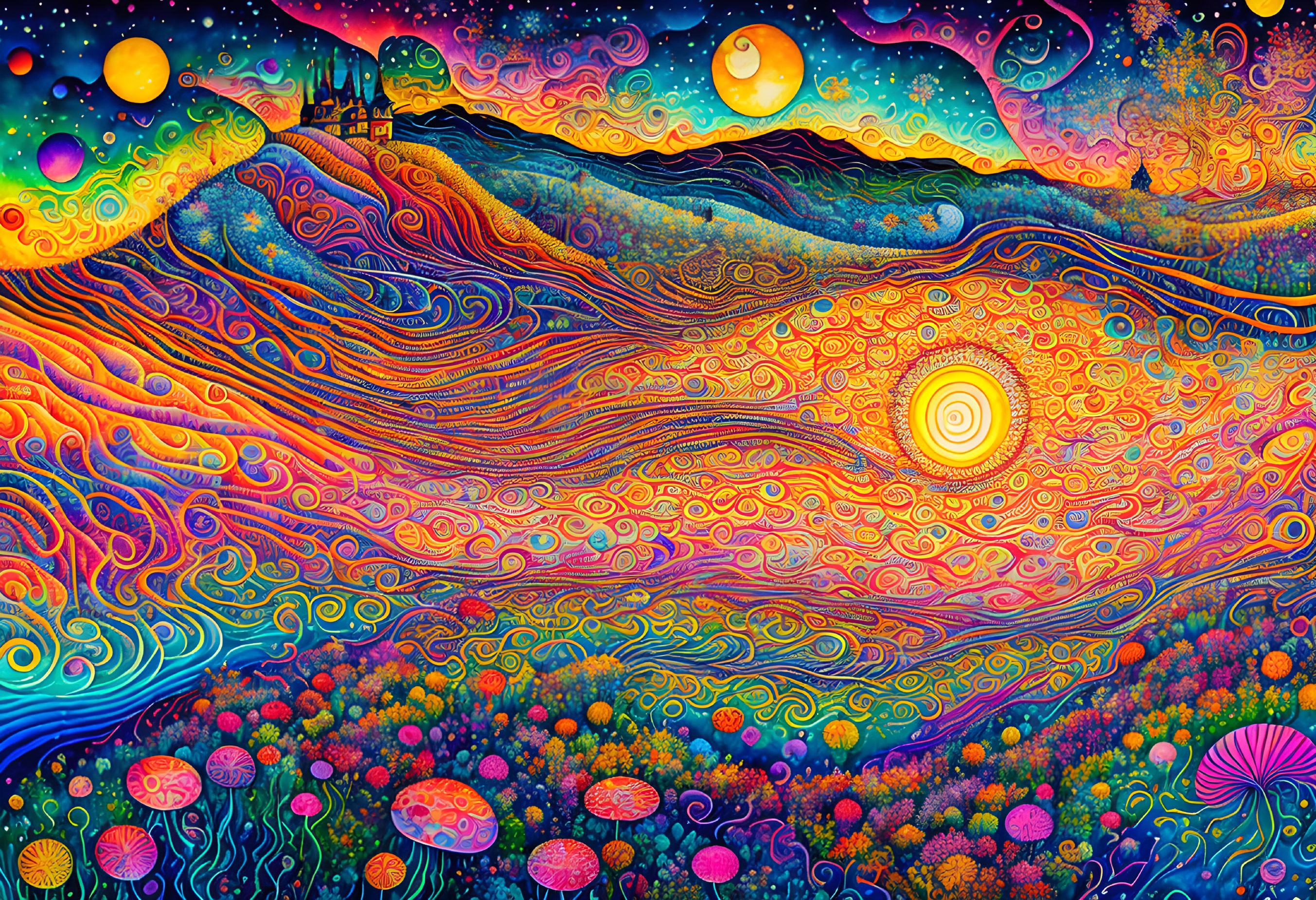 Colorful Psychedelic Landscape with Swirling Patterns and Two Moons