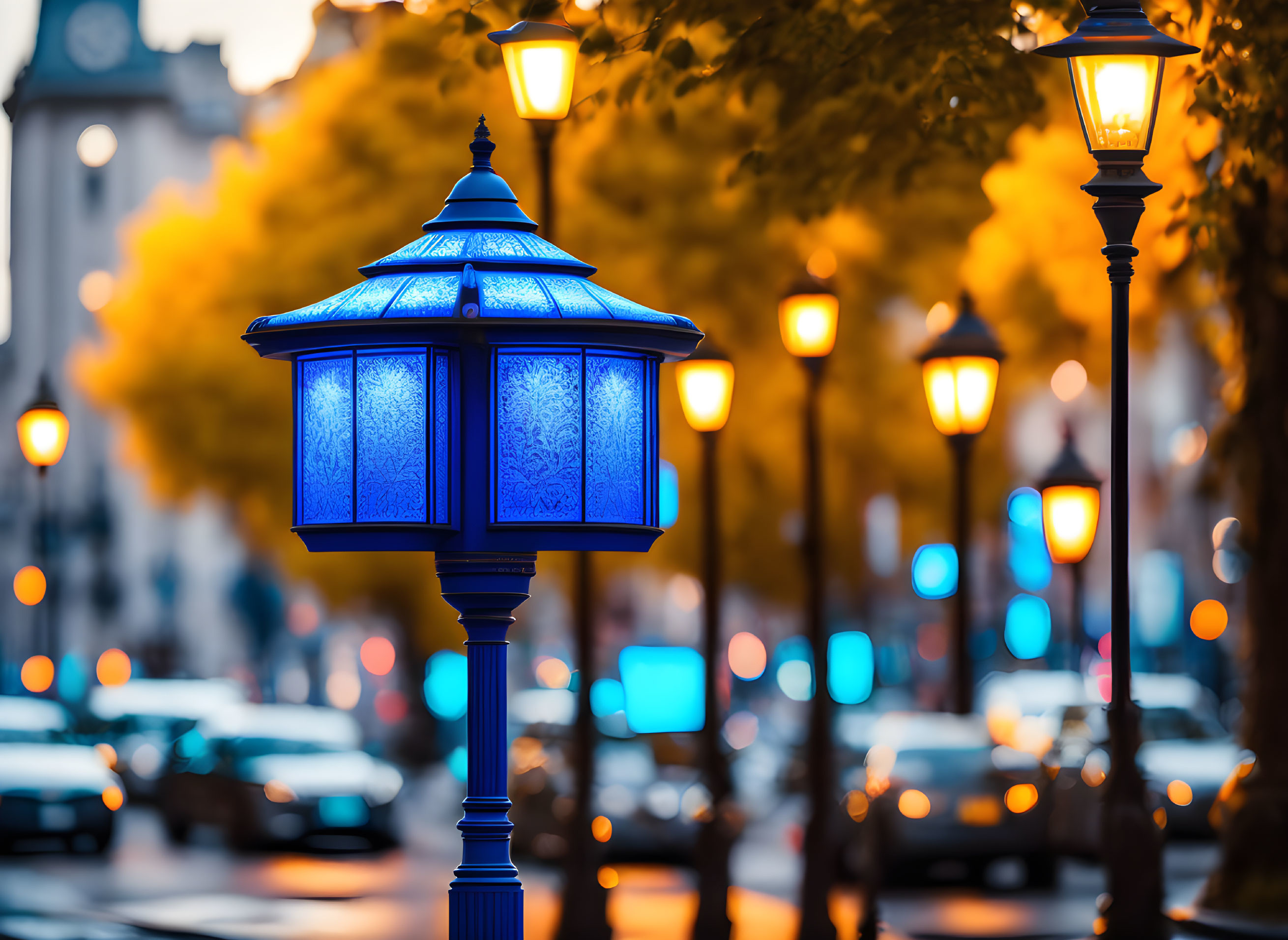 Vibrant blue street lamp in warm twilight cityscape