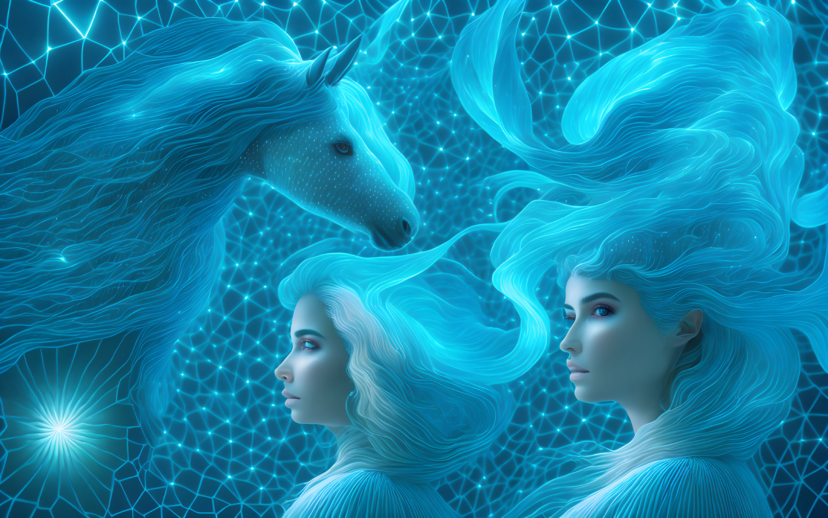 Digital Art: Glowing Women, Unicorn, Blue Background