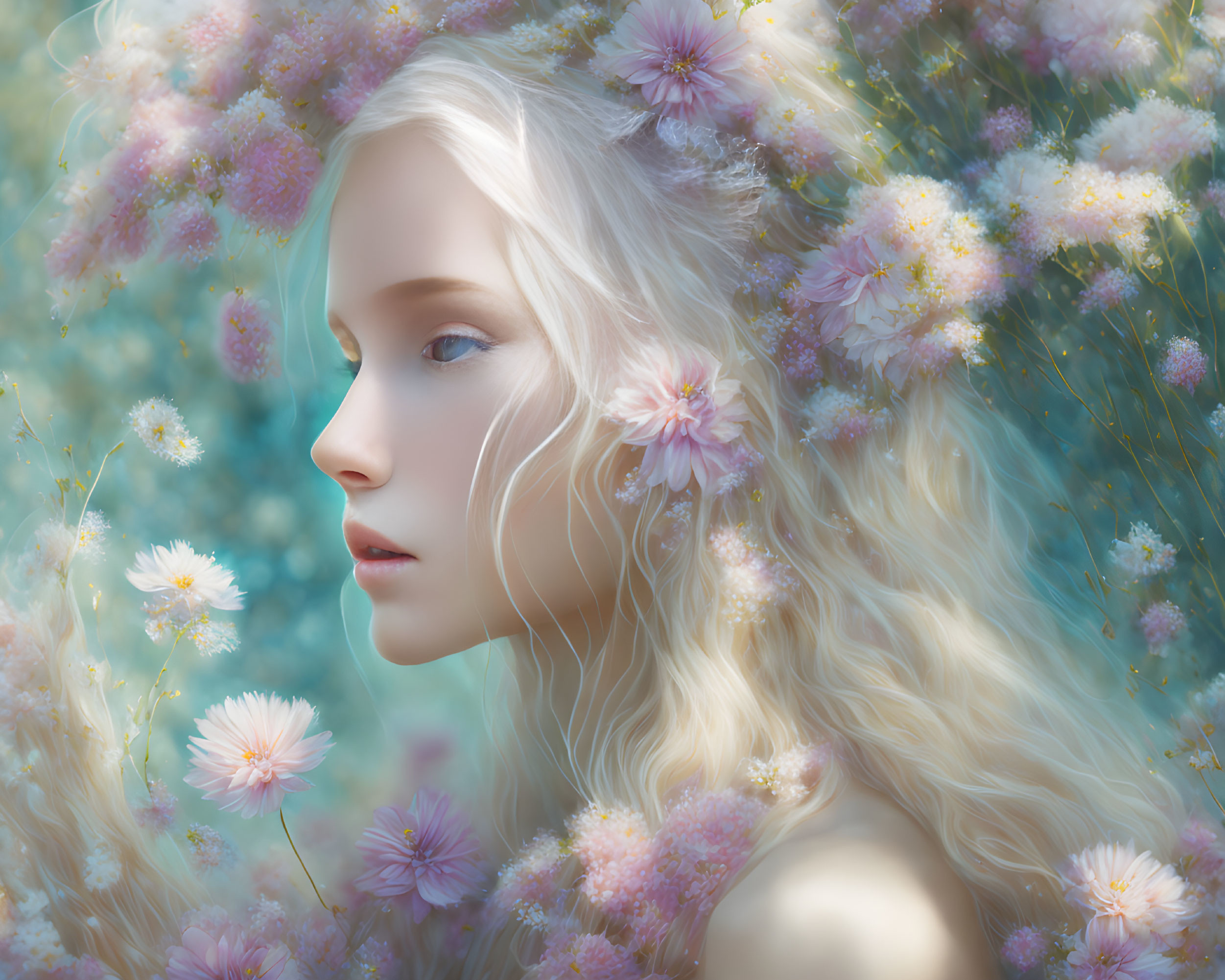 Blonde Woman Profile in Pastel Flower Field