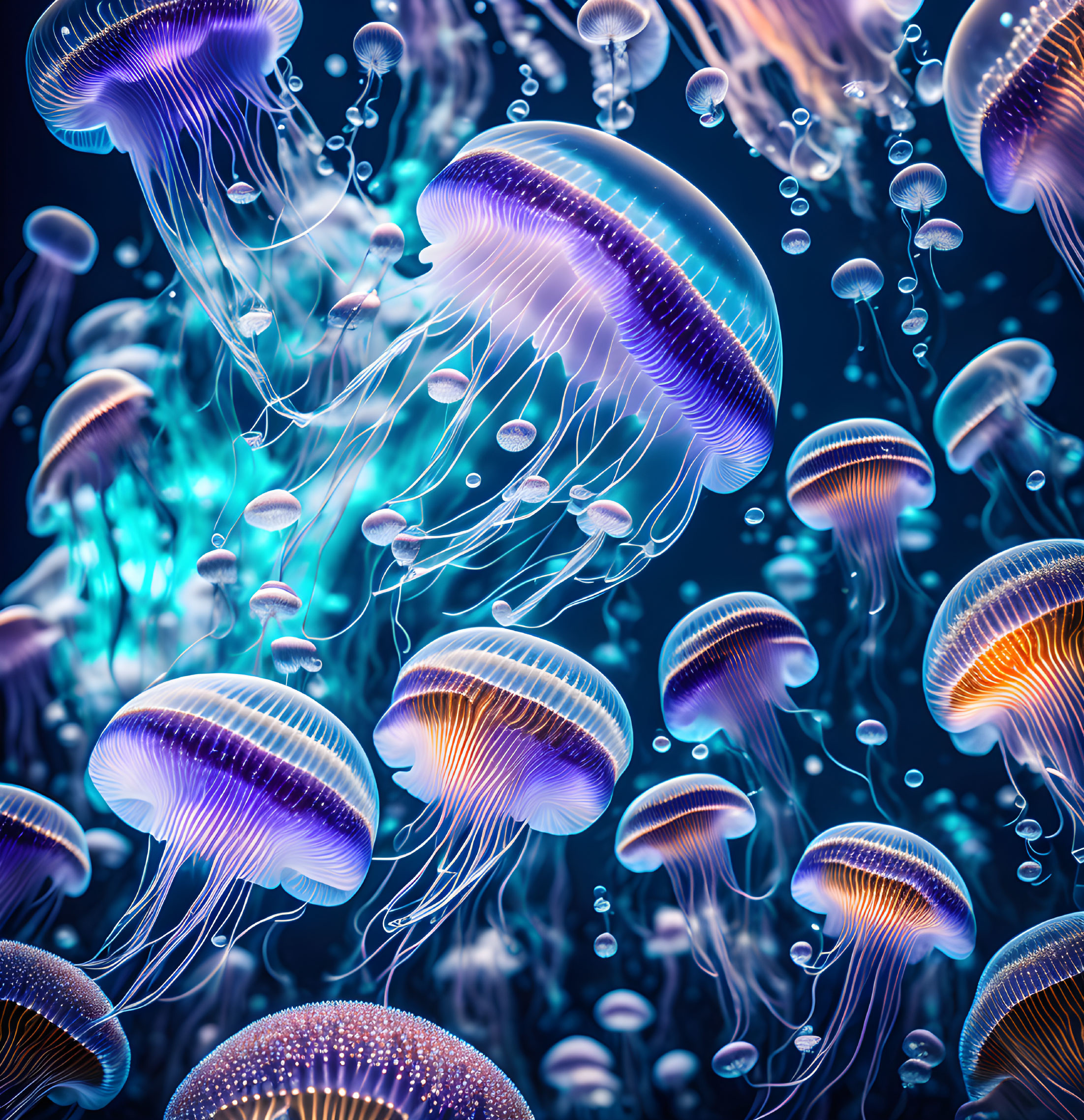 Bioluminescent Jellyfish Swarm in Blue and Purple Glowing Gracefully