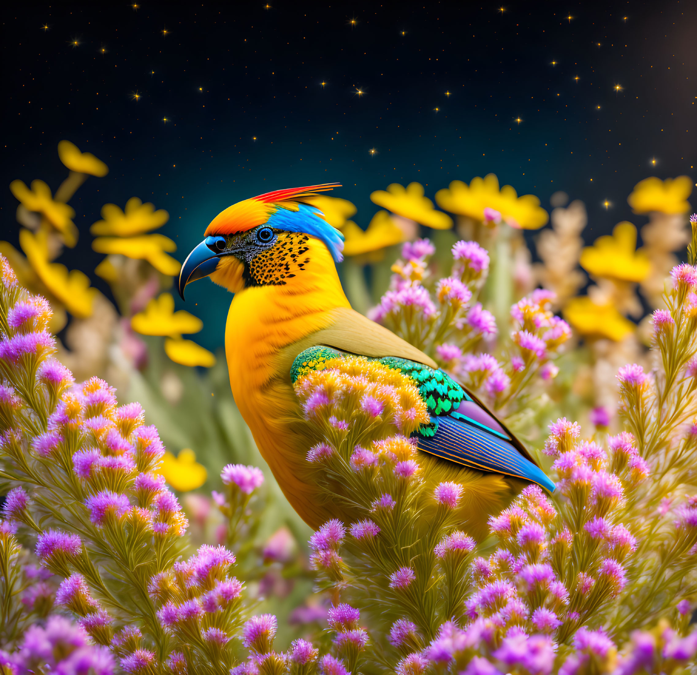 Colorful Parrot Surrounded by Purple and Yellow Flowers on Starry Night Sky