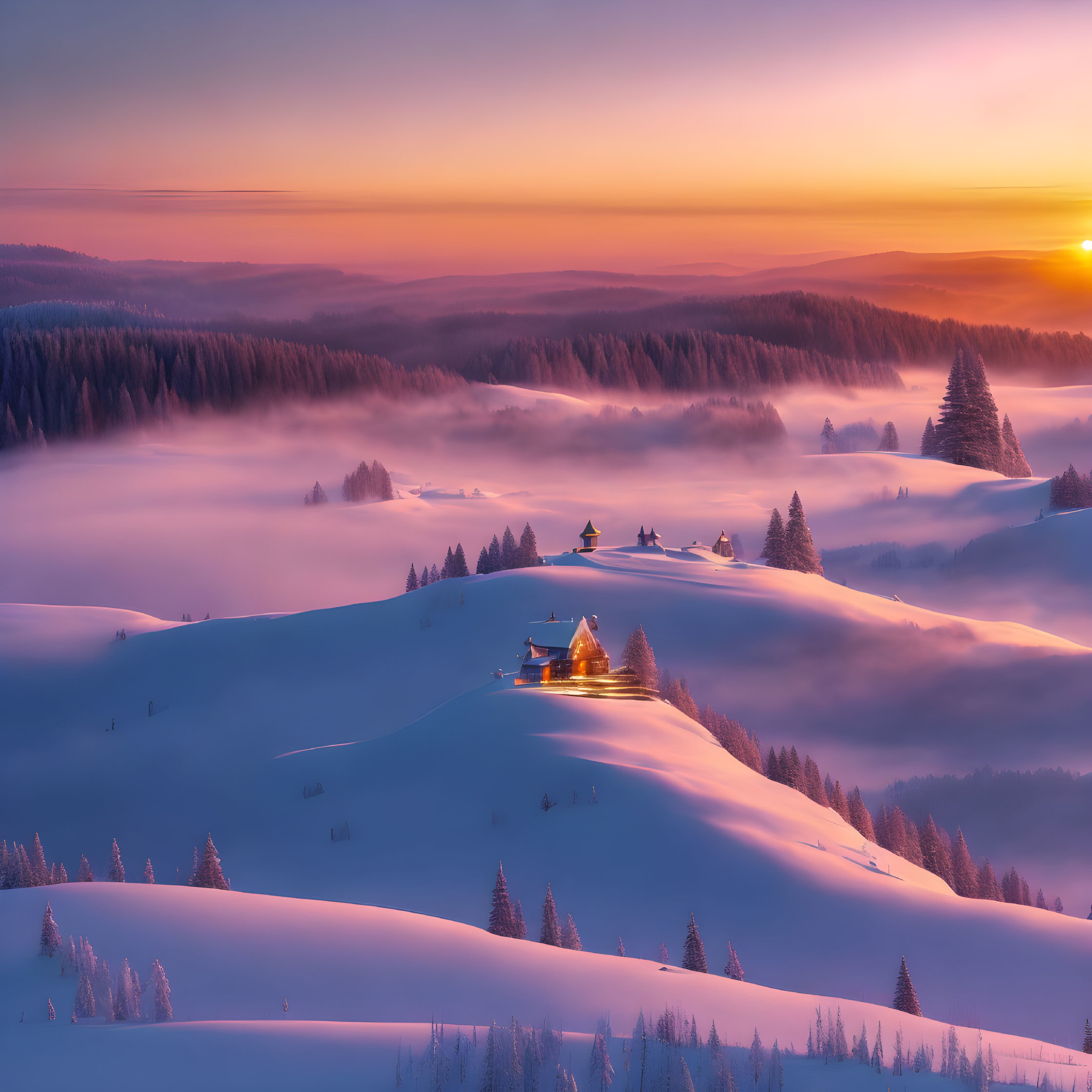 Snow-covered hills at sunrise with misty forest and cozy house.