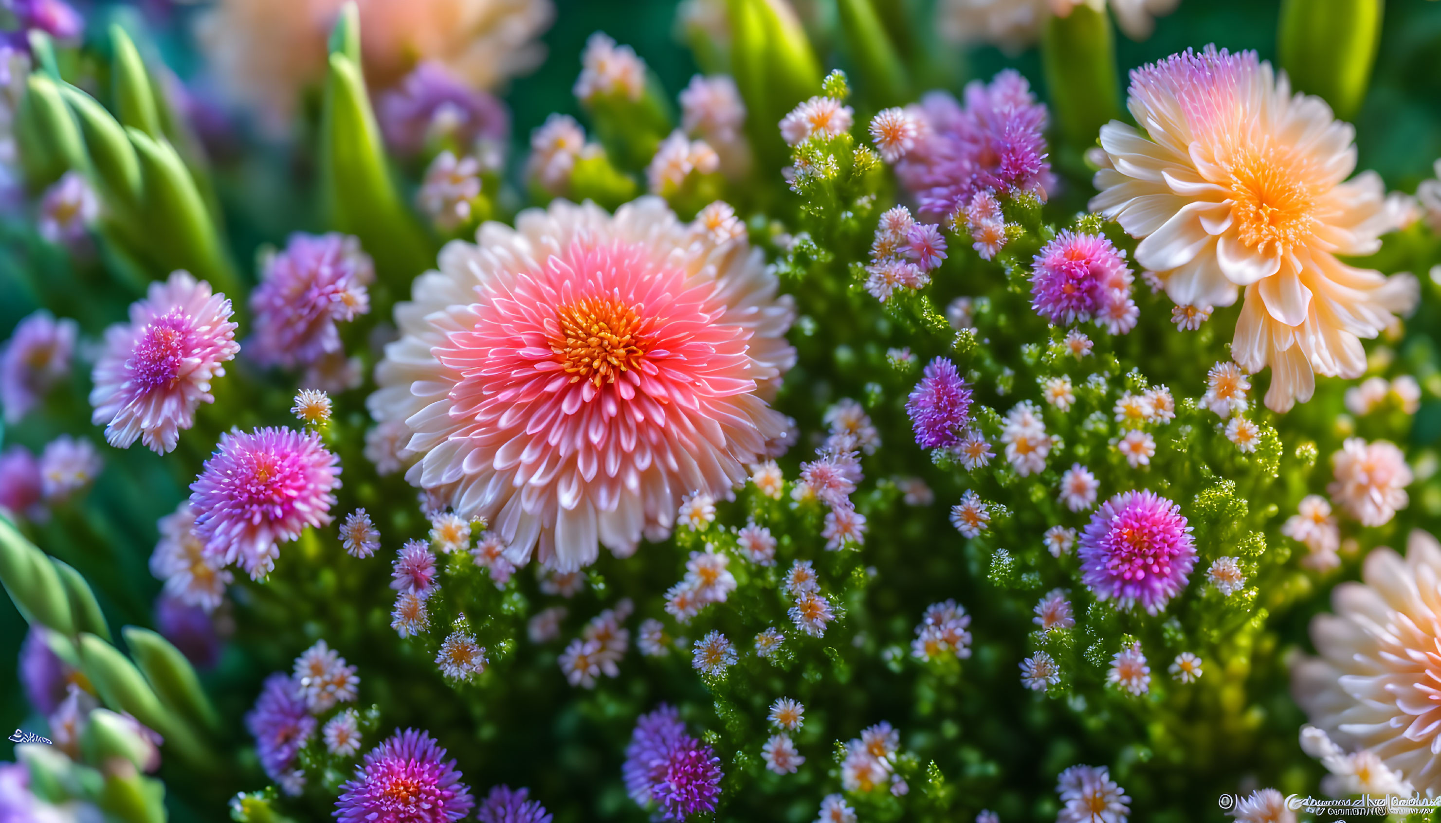 Colorful garden featuring pink and white flowers with large pink-tipped white blossom and delicate pink asters