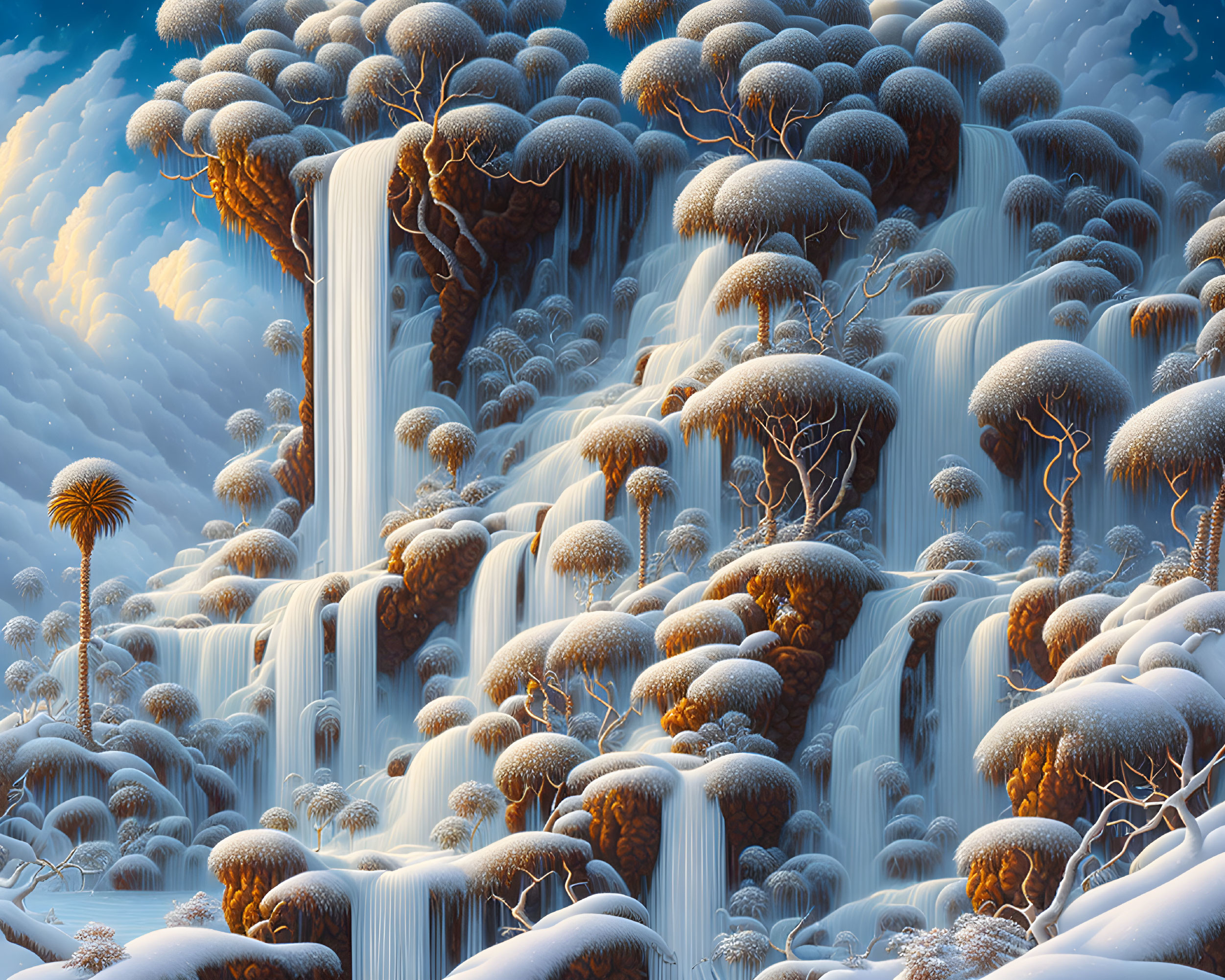 Surreal Winter Landscape with Stylized Trees and Waterfalls