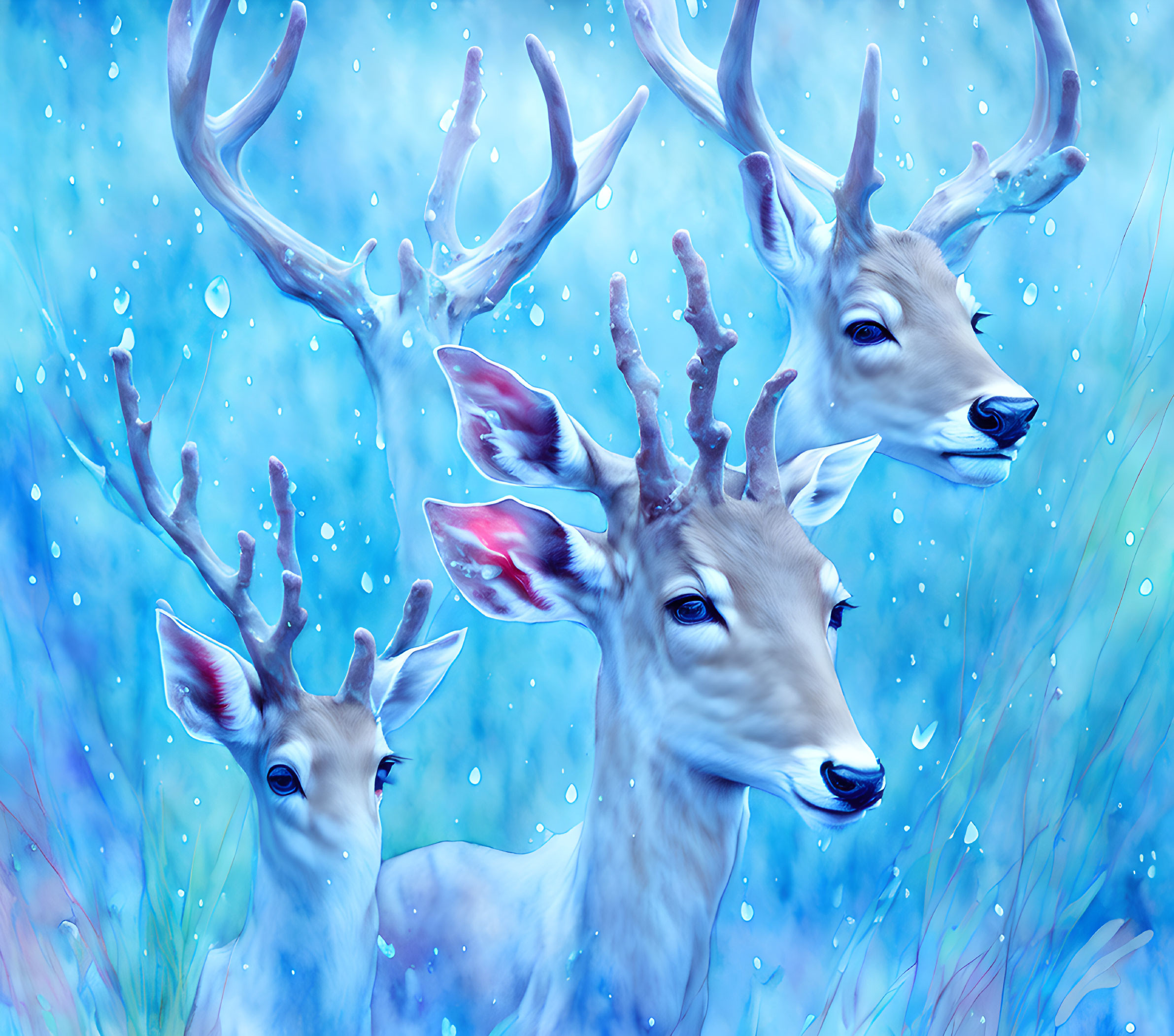 Graceful white deer with intricate antlers in snowy, magical scene