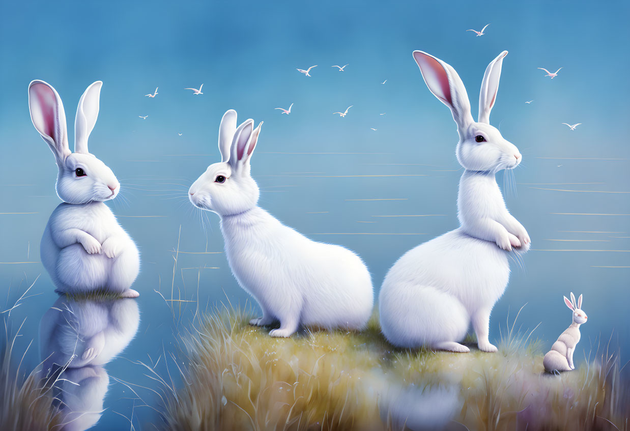 Three White Rabbits in Various Poses on Softly Lit Blue Background with Flying Birds