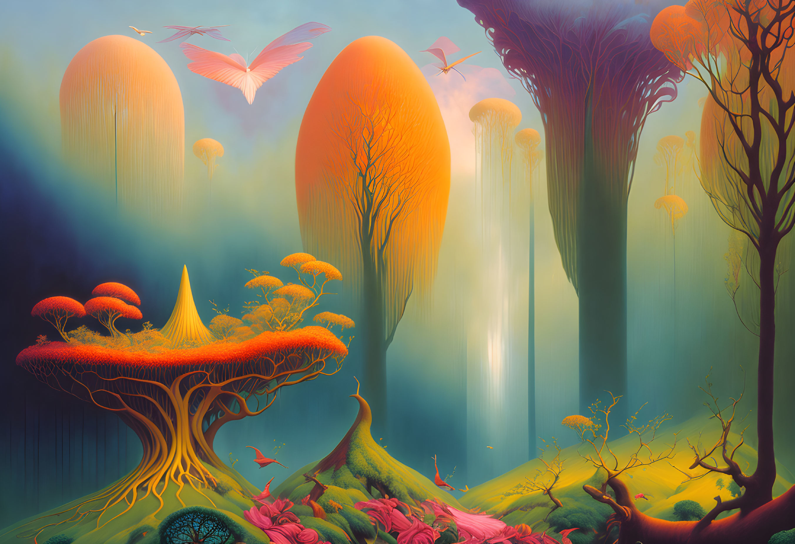 Fantastical surreal landscape with oversized mushroom-like trees and glowing orbs