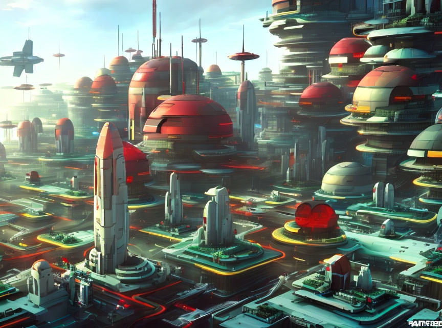 Futuristic cityscape with skyscrapers, flying vehicles, vibrant blues and reds