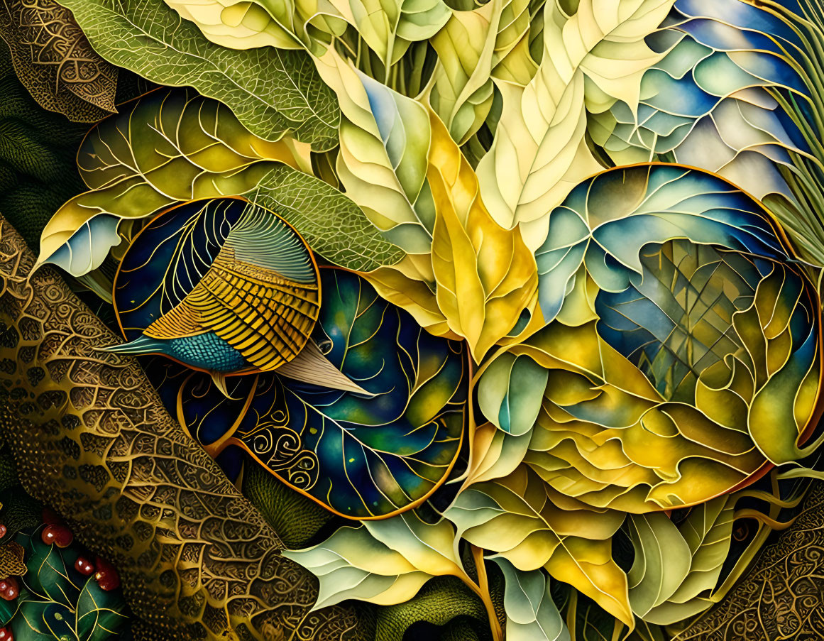 Colorful Stylized Fish Surrounded by Detailed Foliage and Patterns