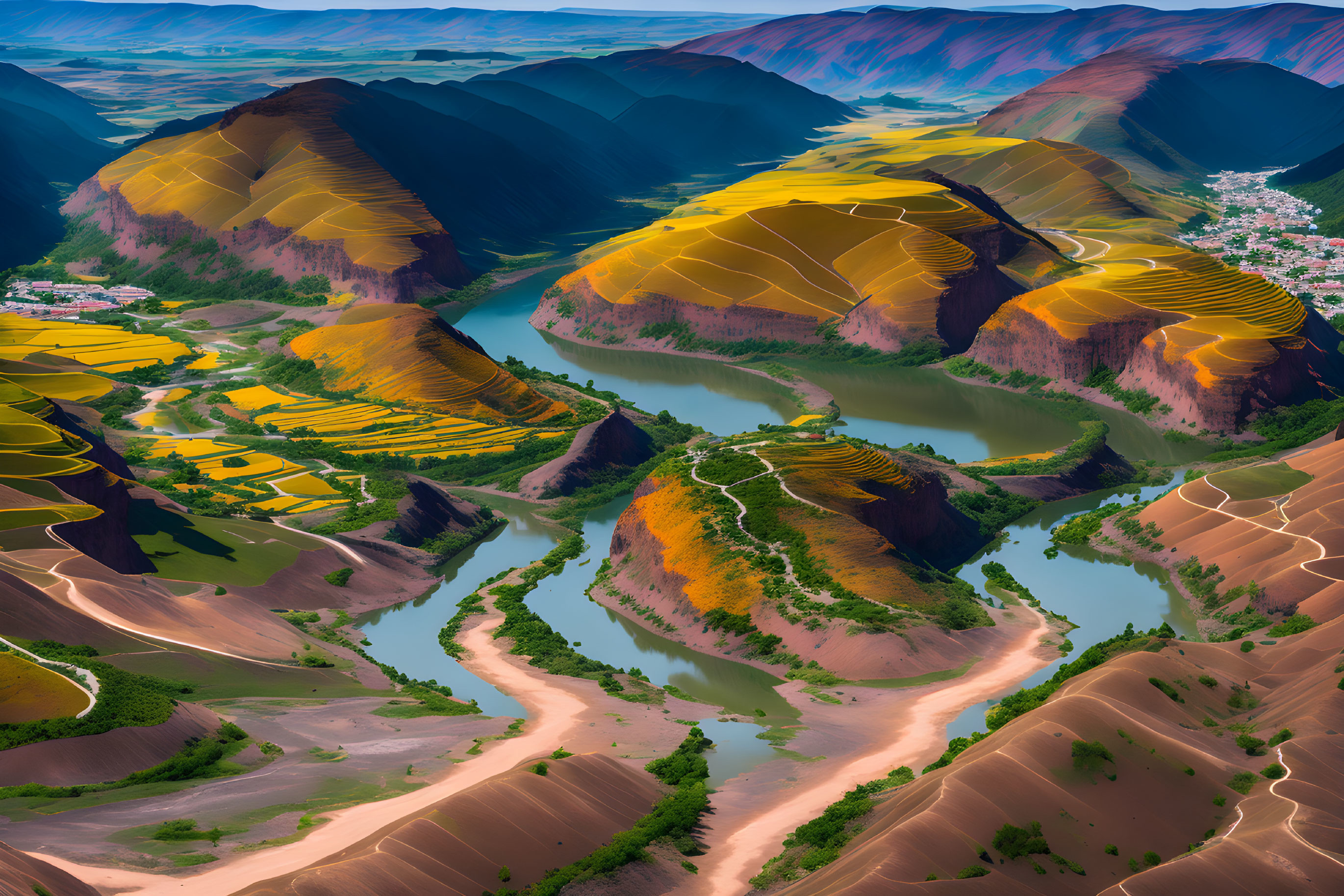 Scenic illustration of lush river valley and village