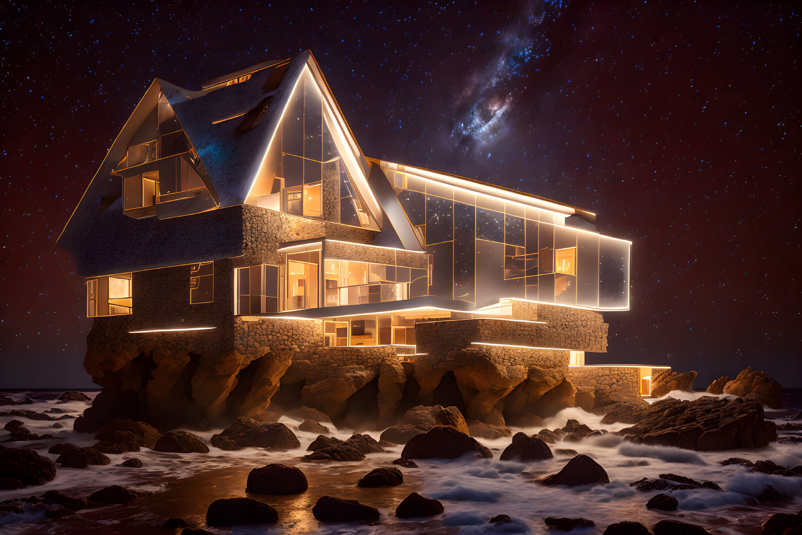 Modern illuminated house on rocky coastline under starry night sky