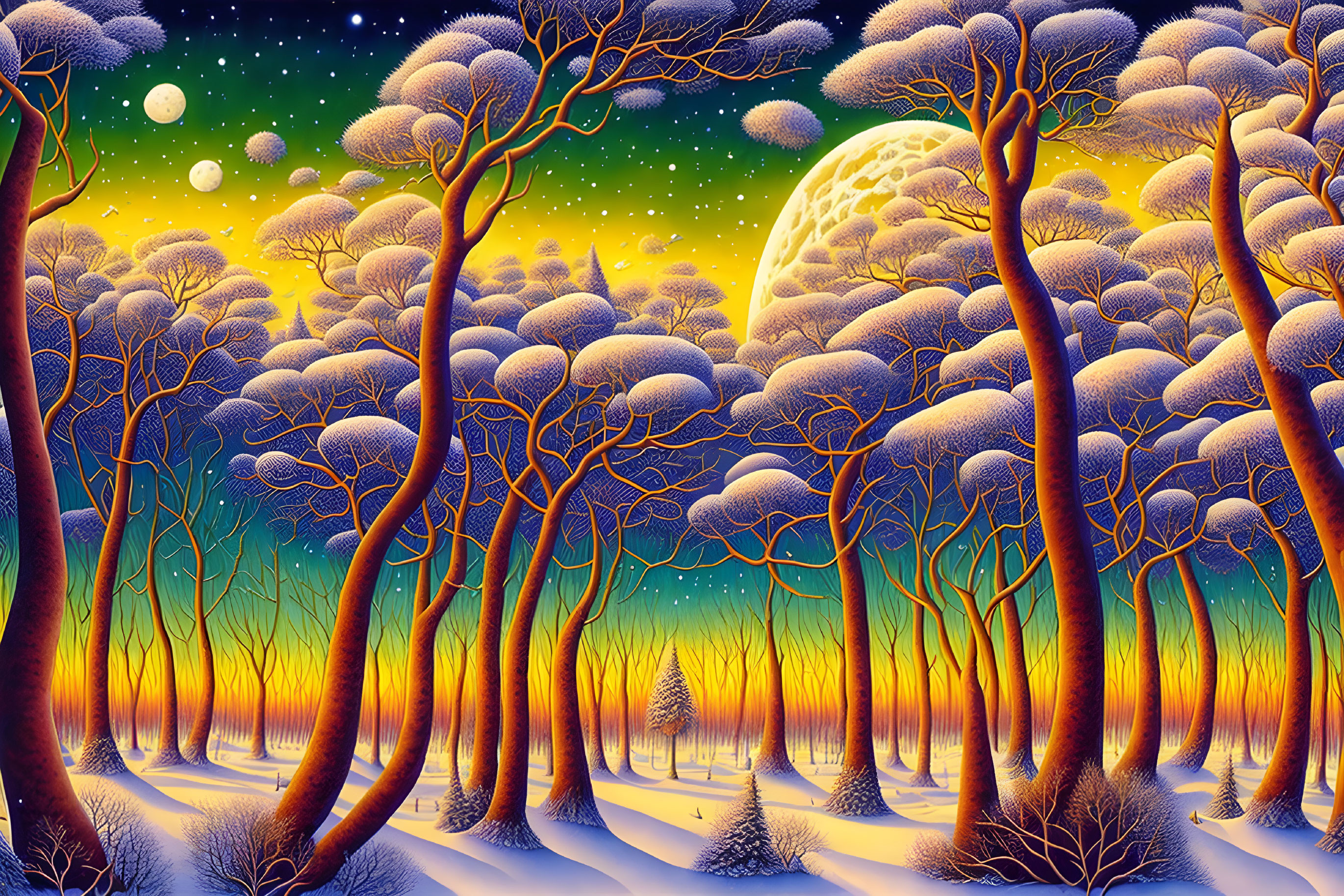 Stylized forest scene under night sky with moon and aurora lights