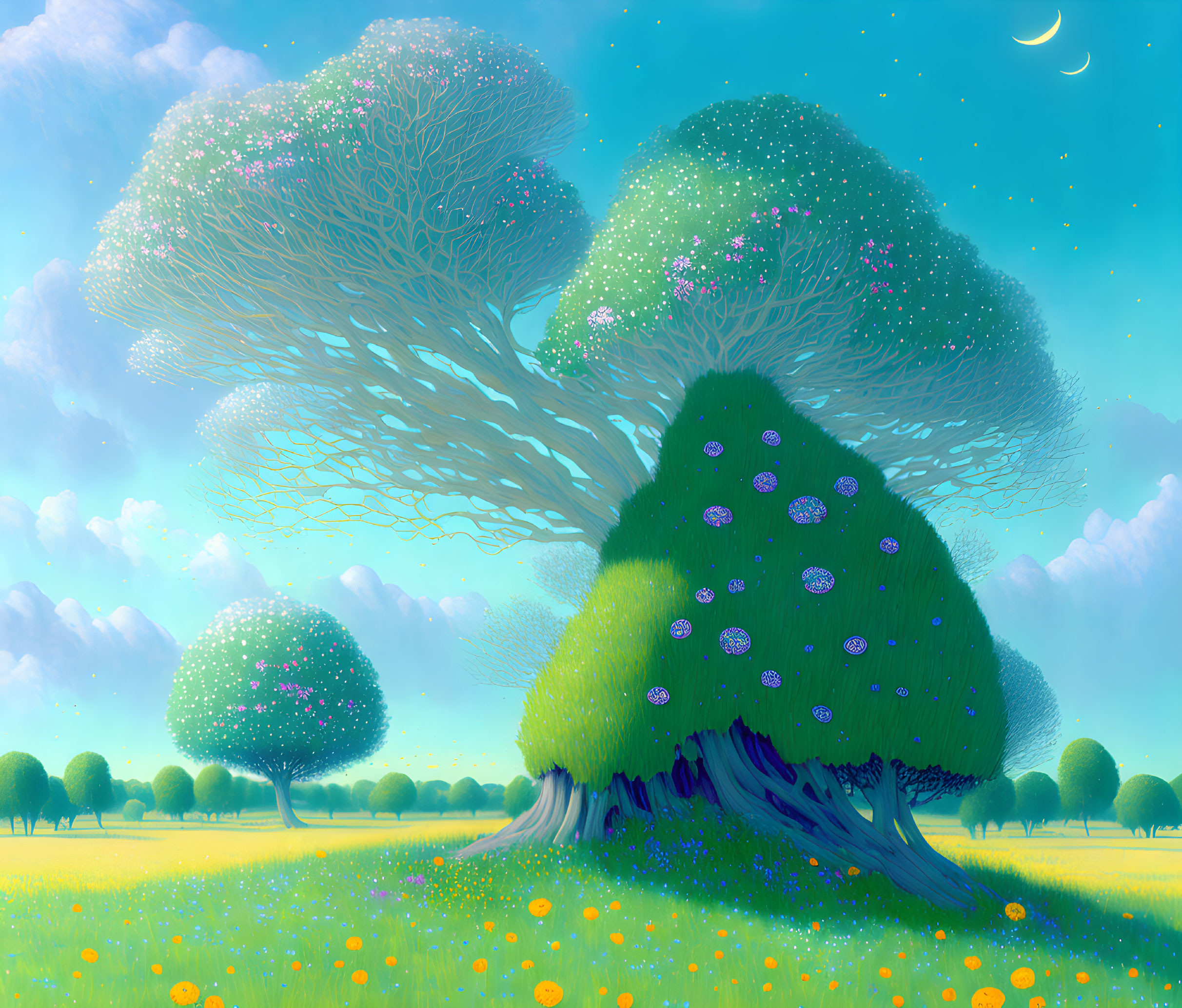 Colorful whimsical trees in serene meadow under pastel sky