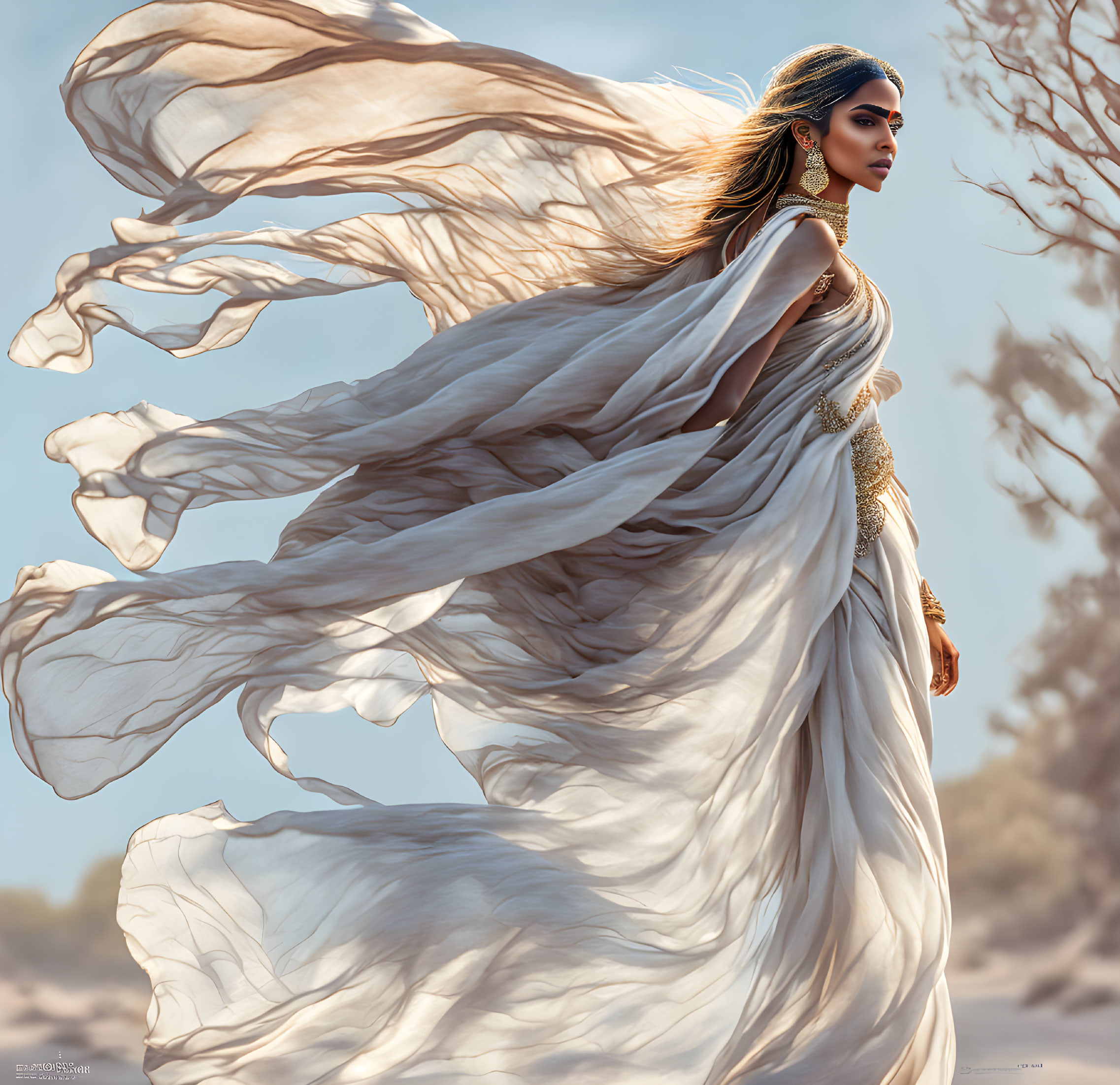 Woman in flowing beige gown with gold trim in desert setting