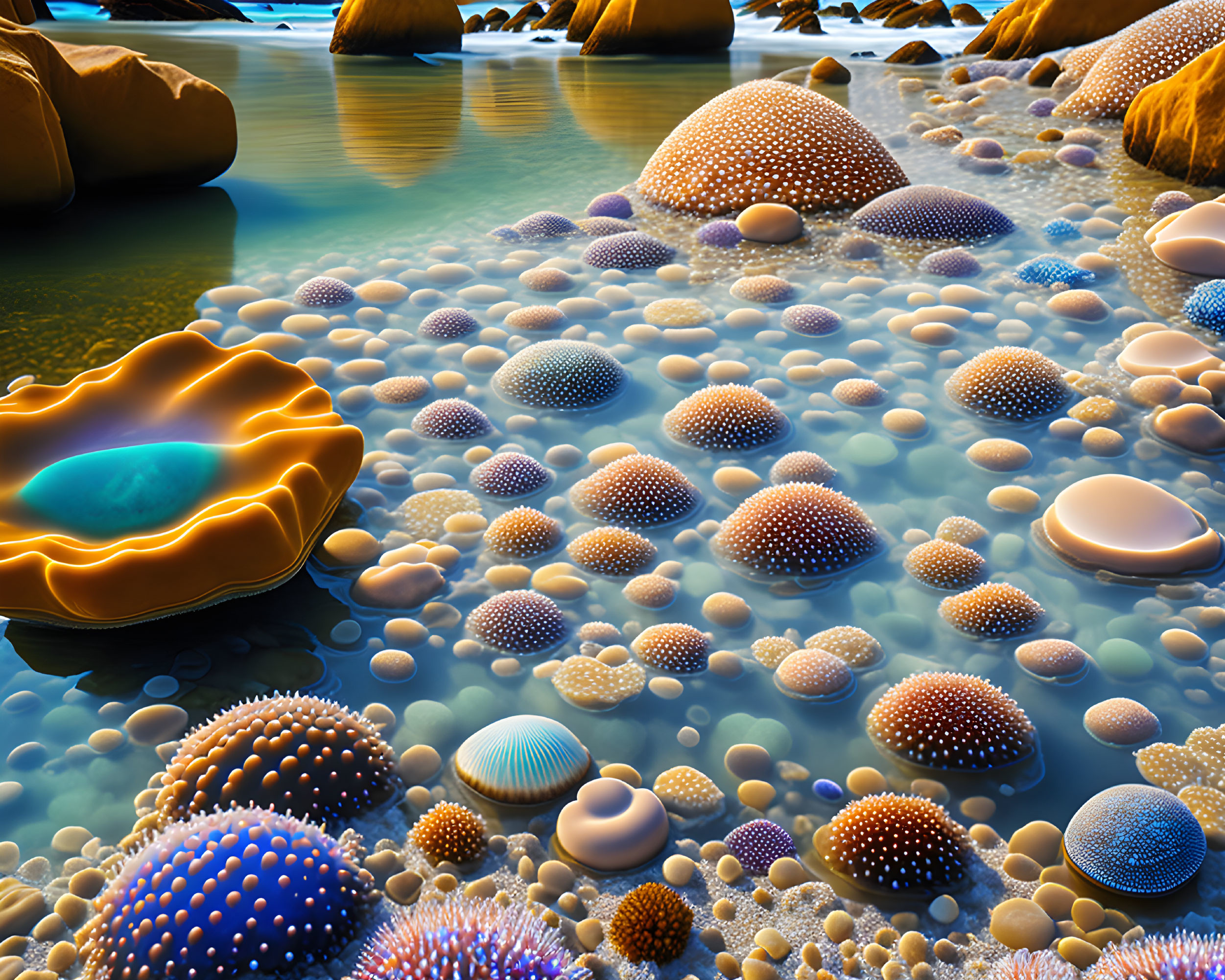 Vibrant sea urchin-like spheres in surreal landscape