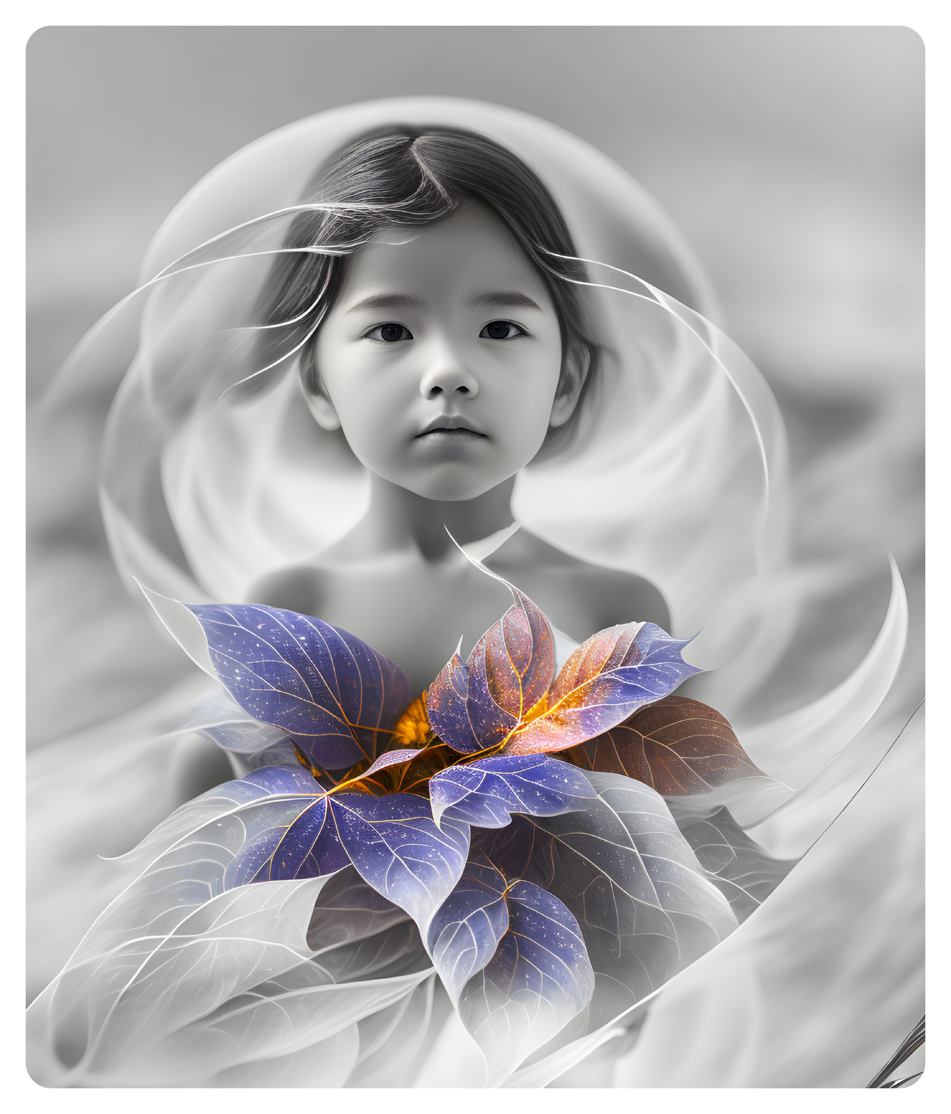 Monochrome portrait of serene young girl with swirling patterns and vibrant leaves