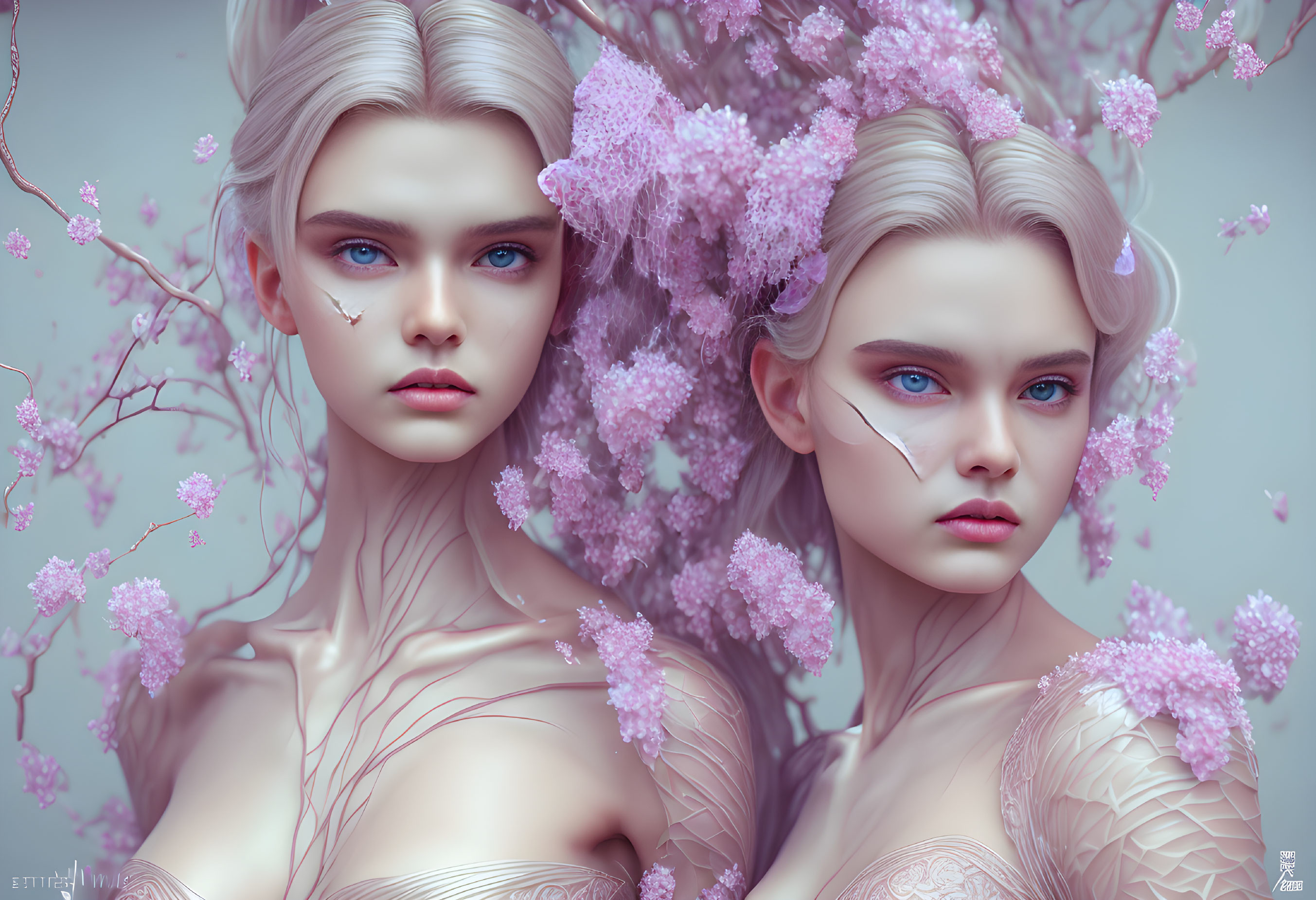 Twin female figures with cherry blossoms in serene digital artwork