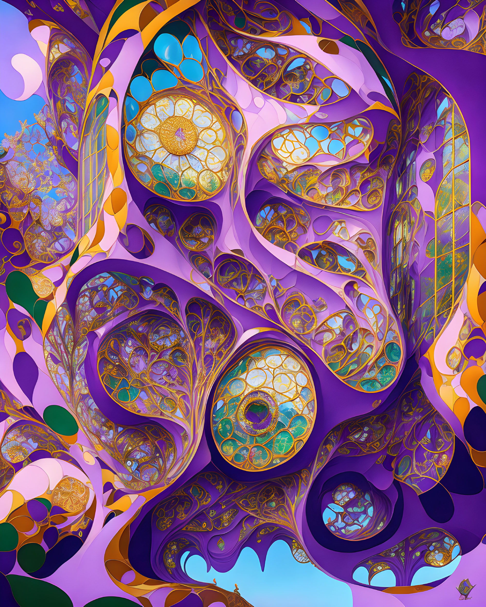 Intricate purple, gold, and blue fractal swirls and patterns