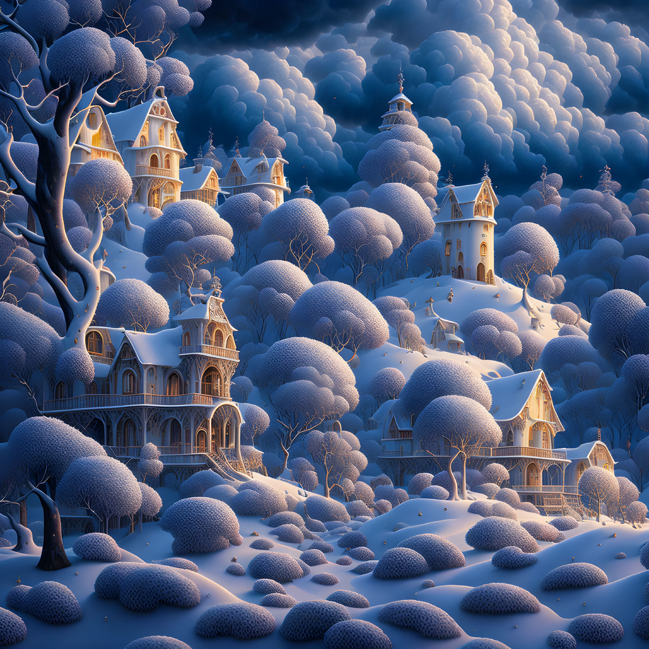 Snow-covered trees and Victorian houses in a whimsical winter landscape