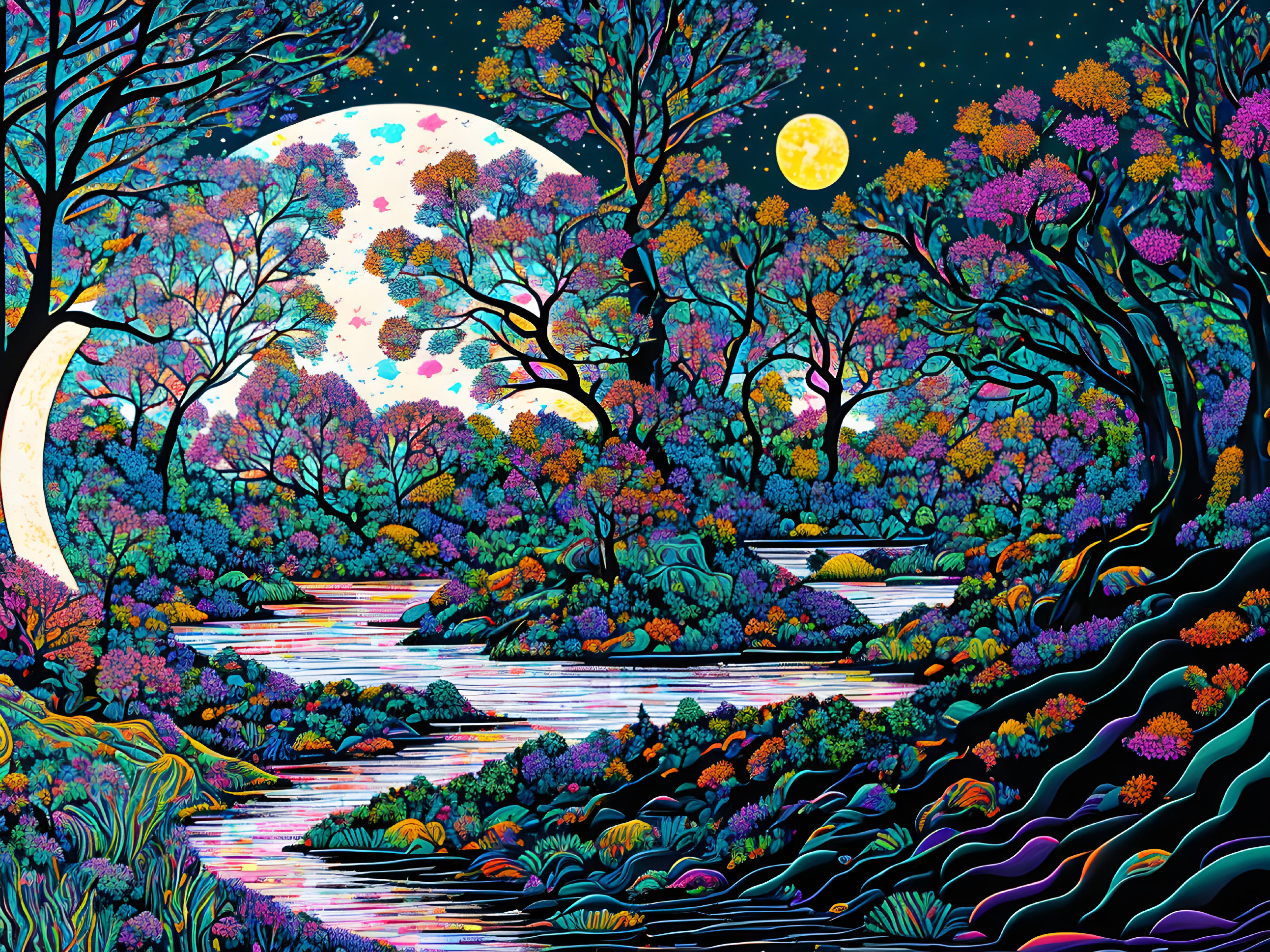 Colorful forest scene under starry sky with moon and river