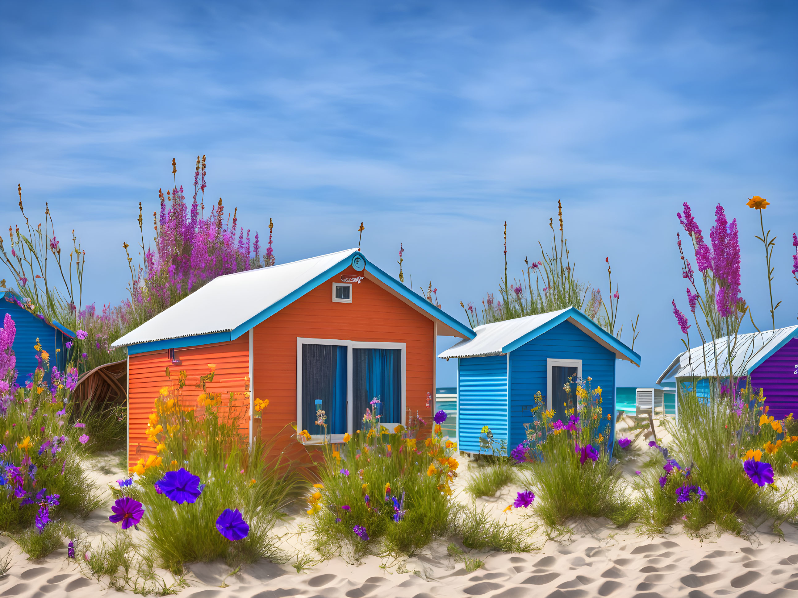 Vibrant beach huts in sand dunes with purple and yellow wildflowers