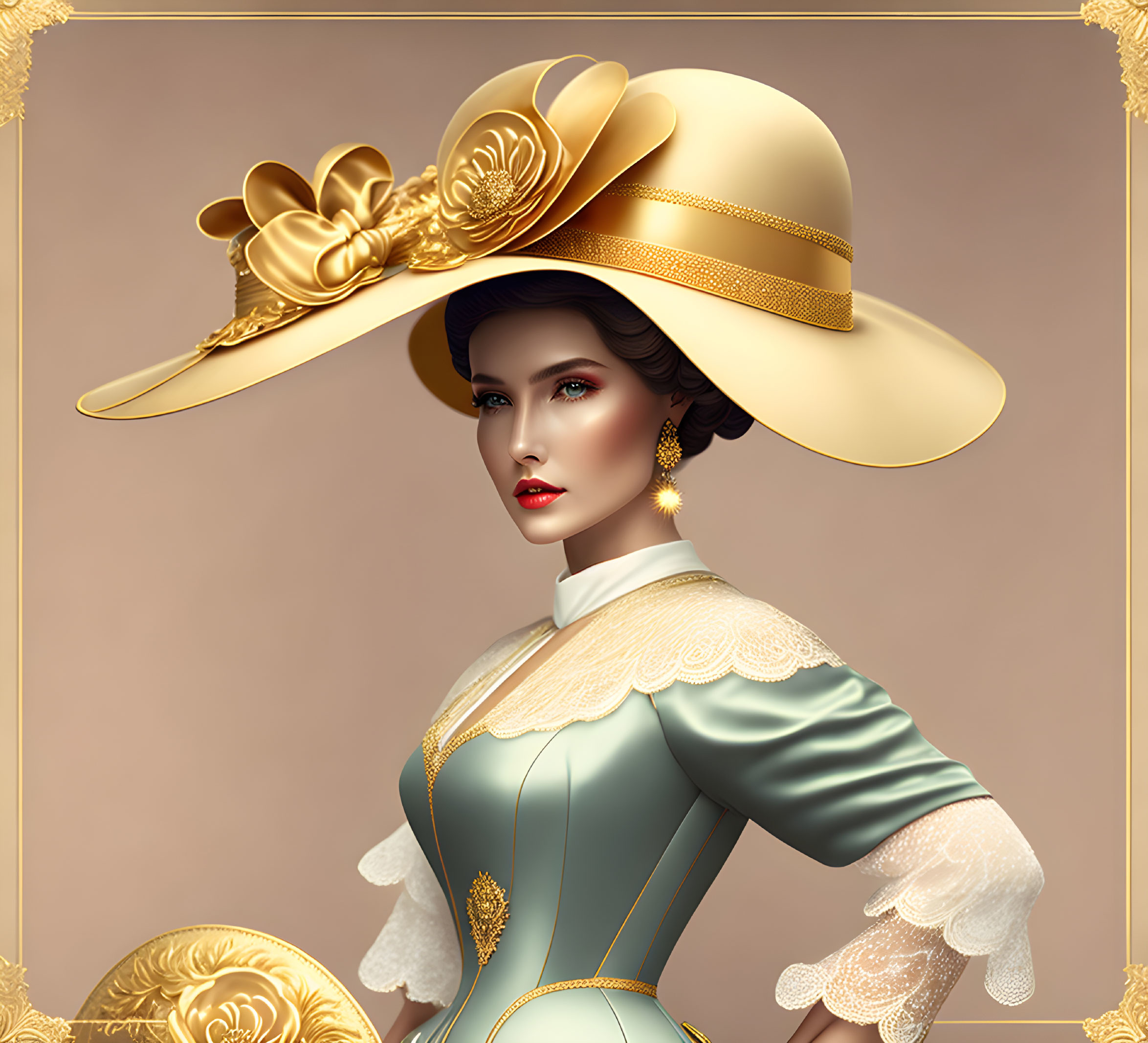 Vintage Attire: Sophisticated Woman in Wide-Brimmed Hat & Floral Decor