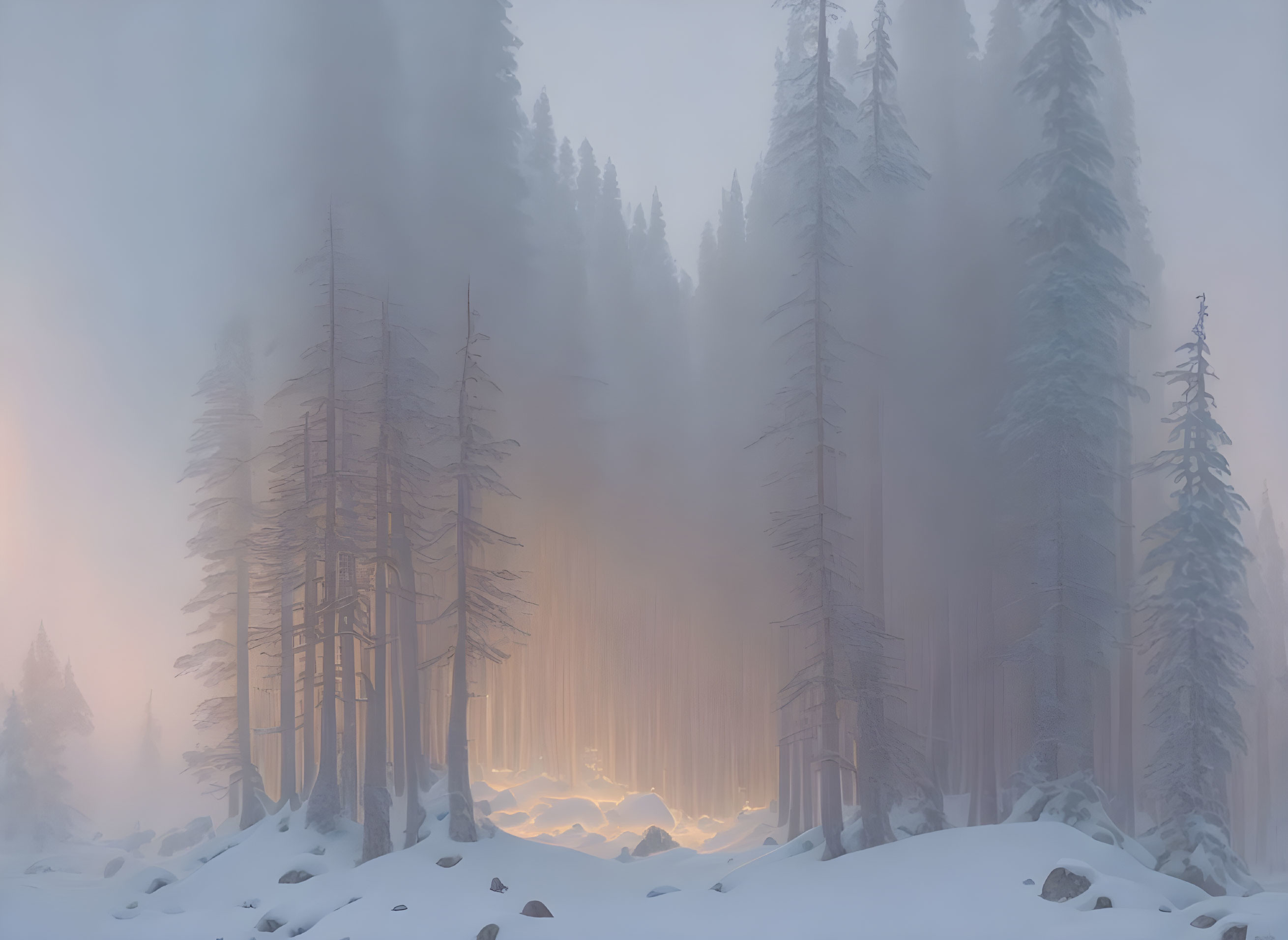 Snow-covered winter forest with misty sunrise glow