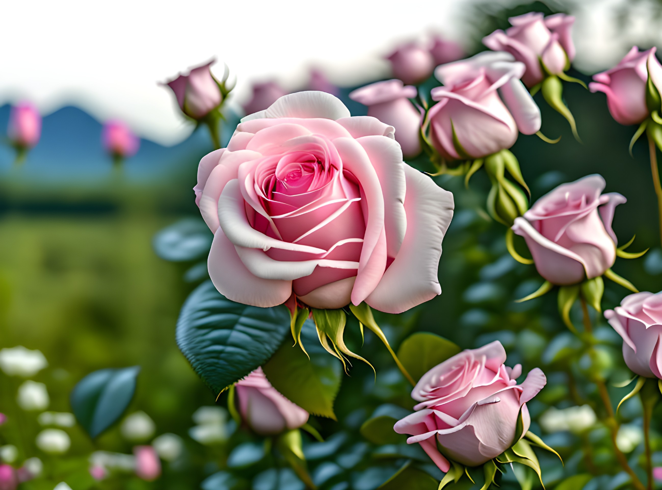 Pink rose in full bloom among buds on soft green background