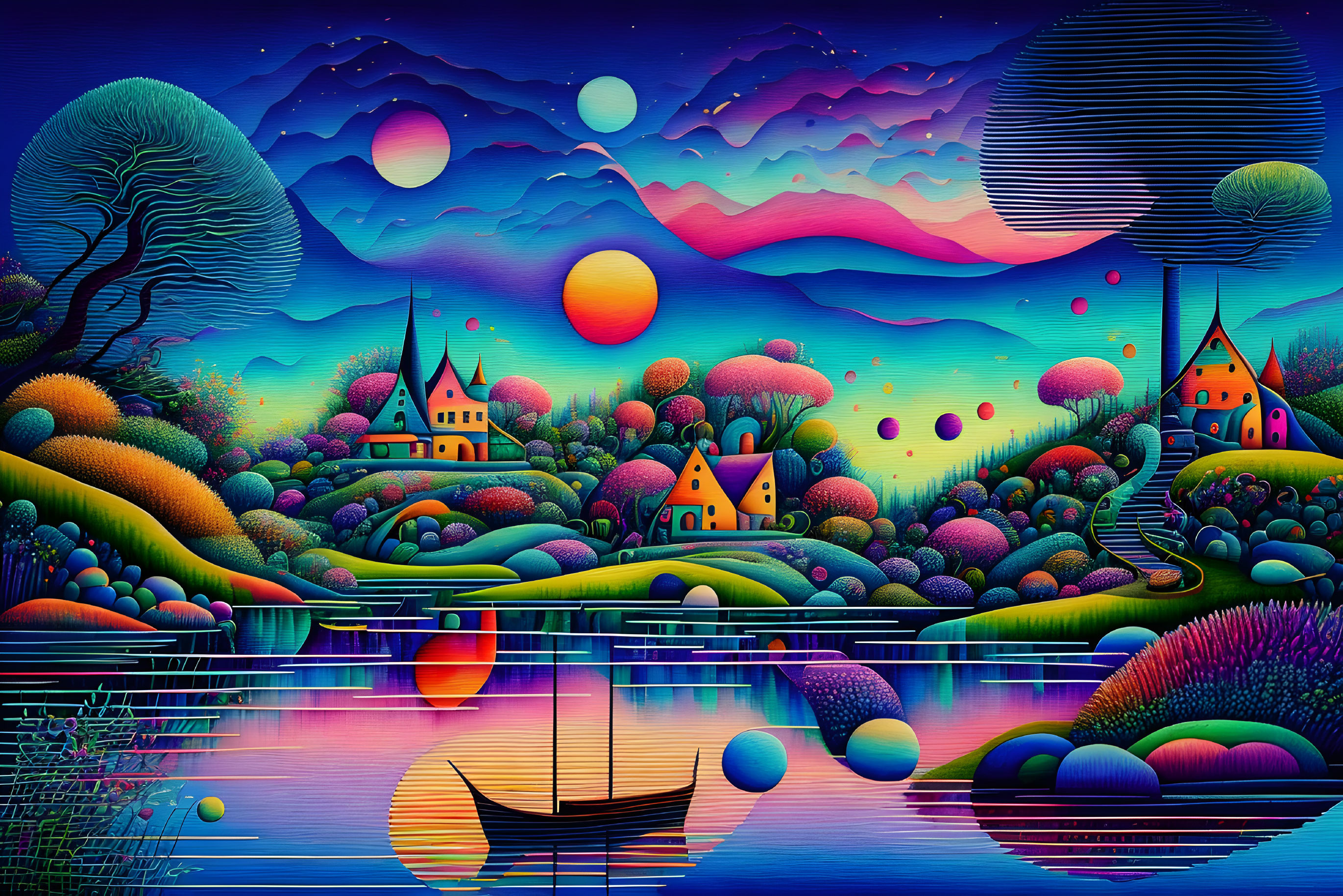 Colorful surreal landscape with whimsical elements and celestial sky