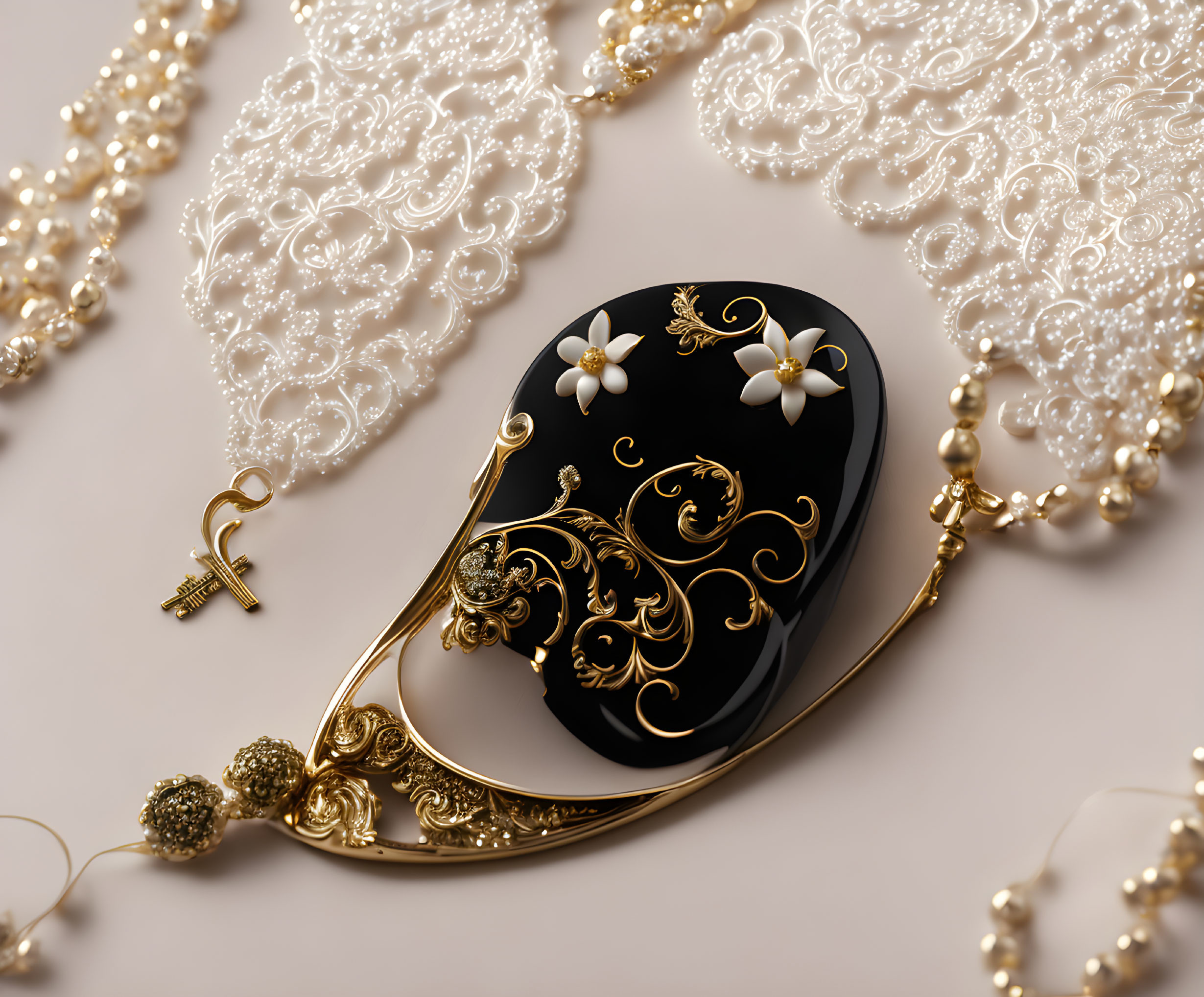 Black and Gold Floral Pendant with White Flowers on Lace and Pearls