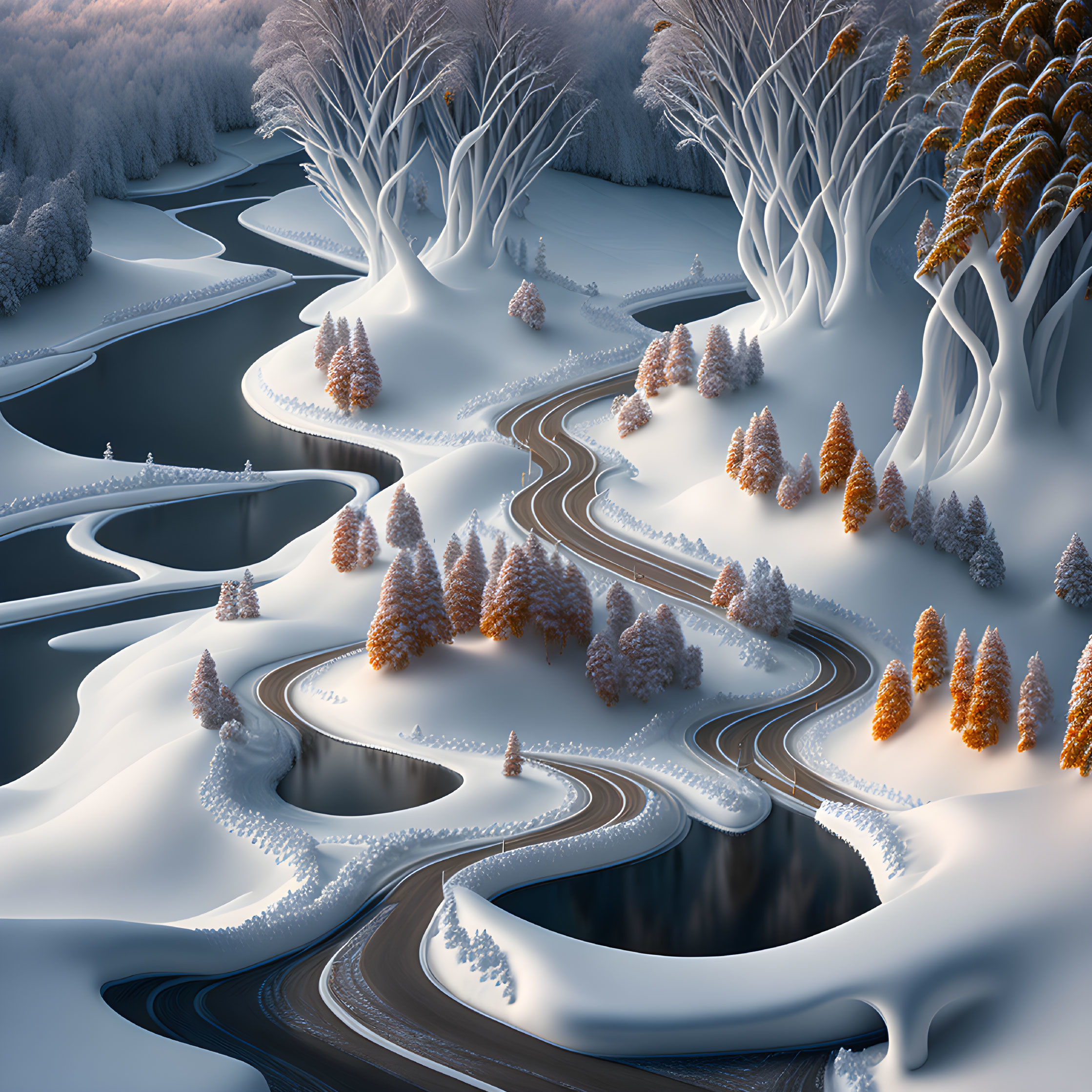 Surreal winter landscape with winding roads and snow-covered trees