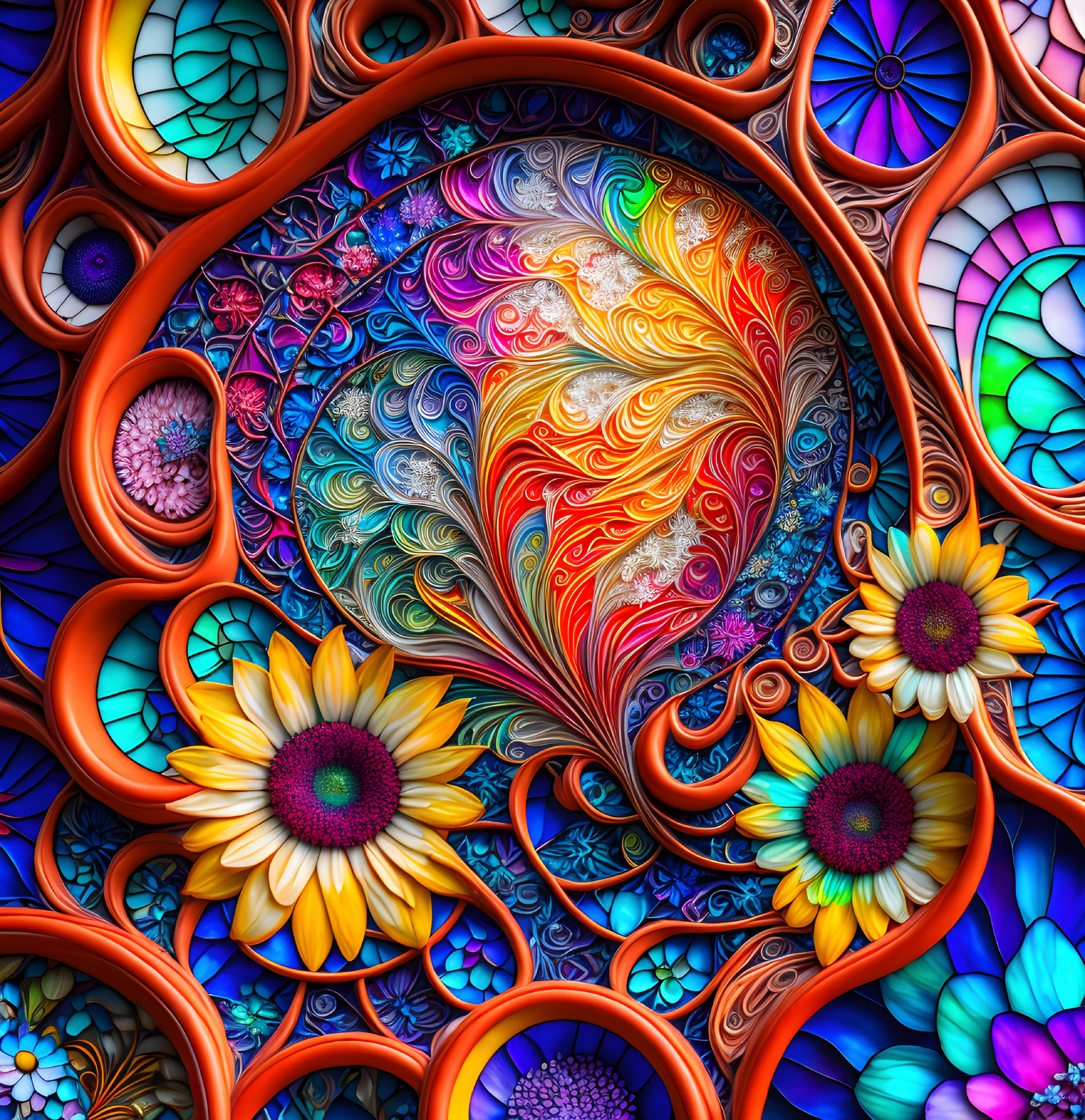 Colorful digital art with intricate patterns and floral motifs in stained glass style