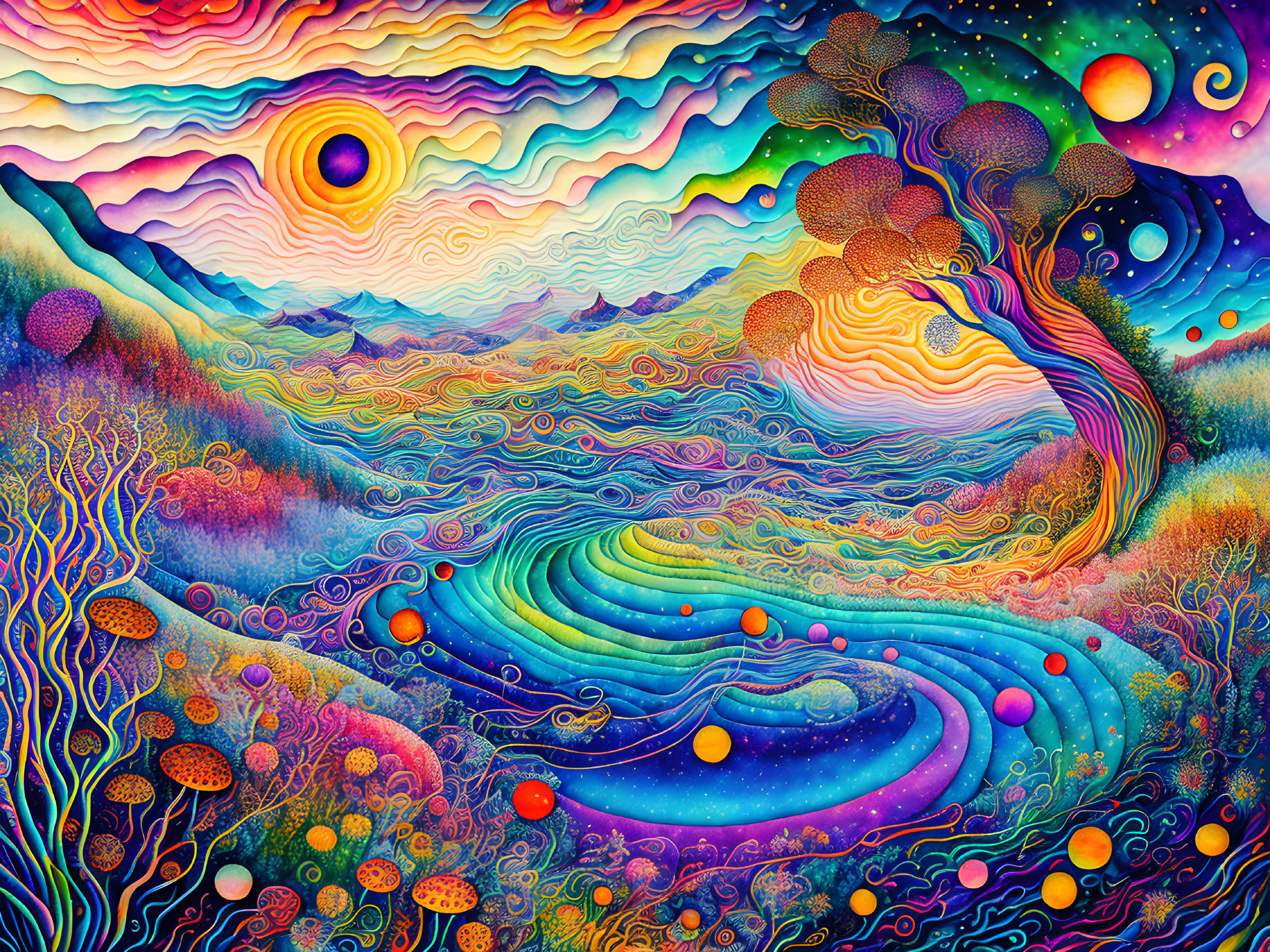 Colorful Psychedelic Landscape with Tree and Celestial Bodies