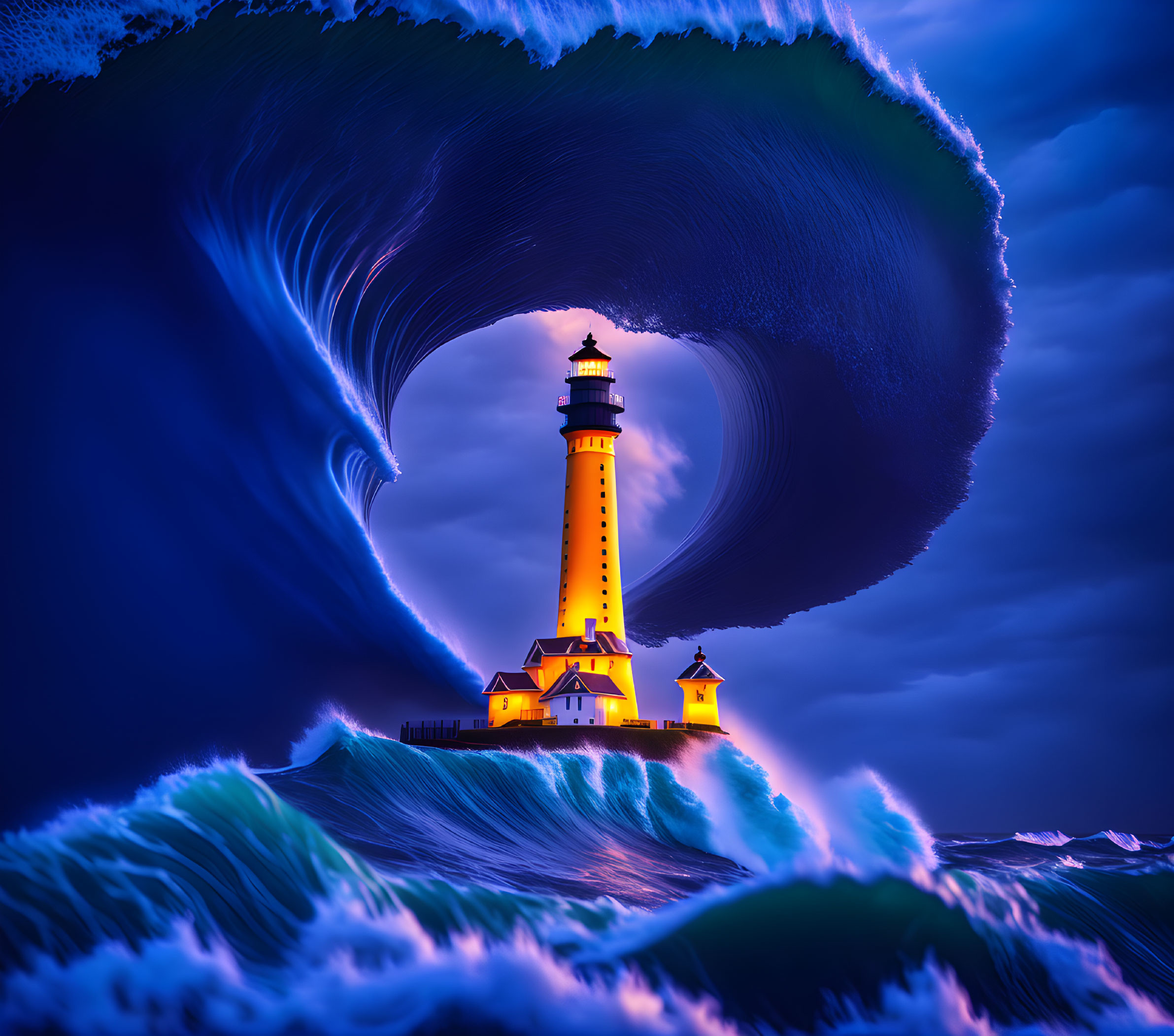 Tall lighthouse in stormy seas with surreal wave tunnel and night sky