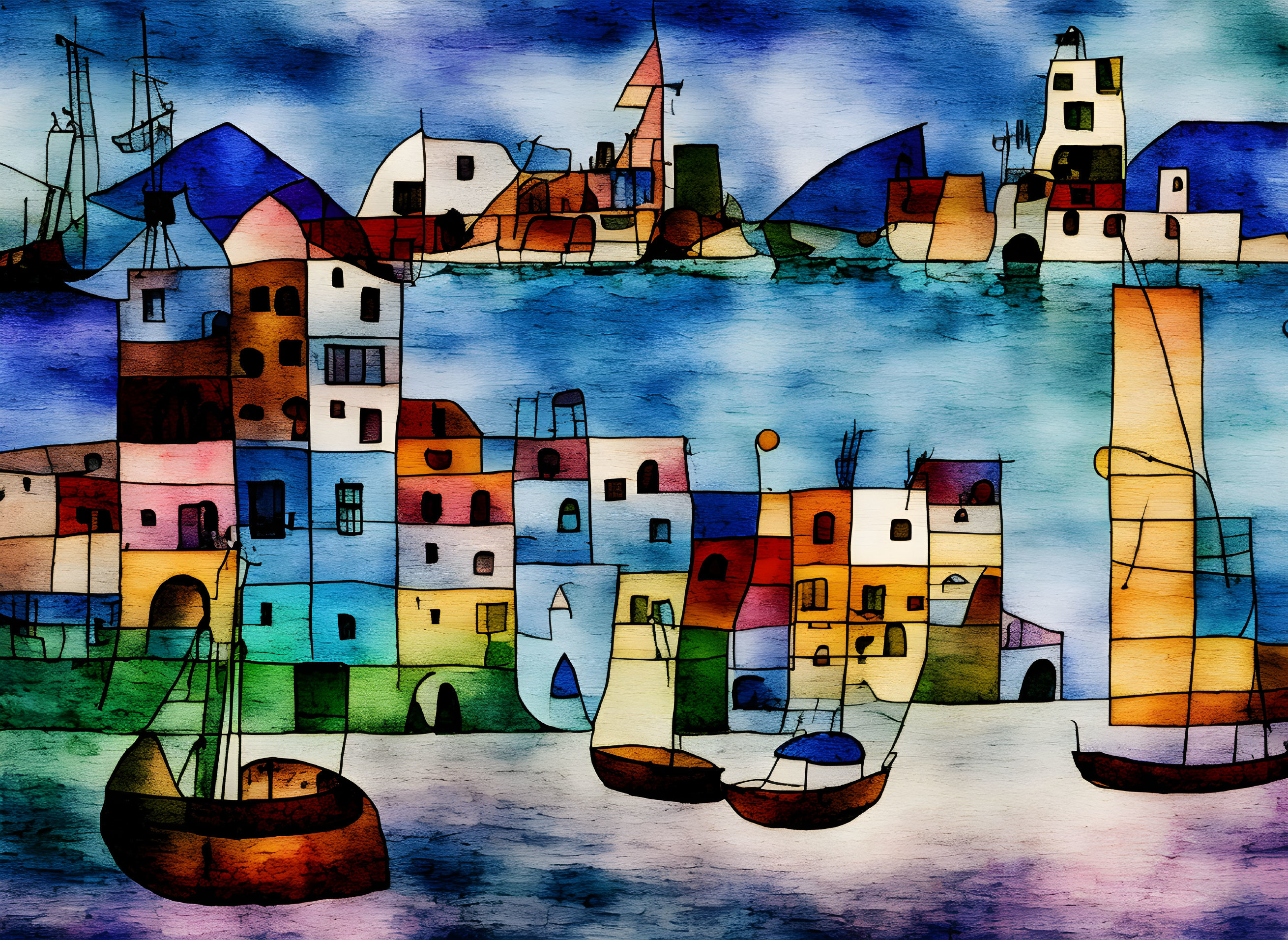 Vibrant waterfront village scene with boats and lighthouses in watercolor style