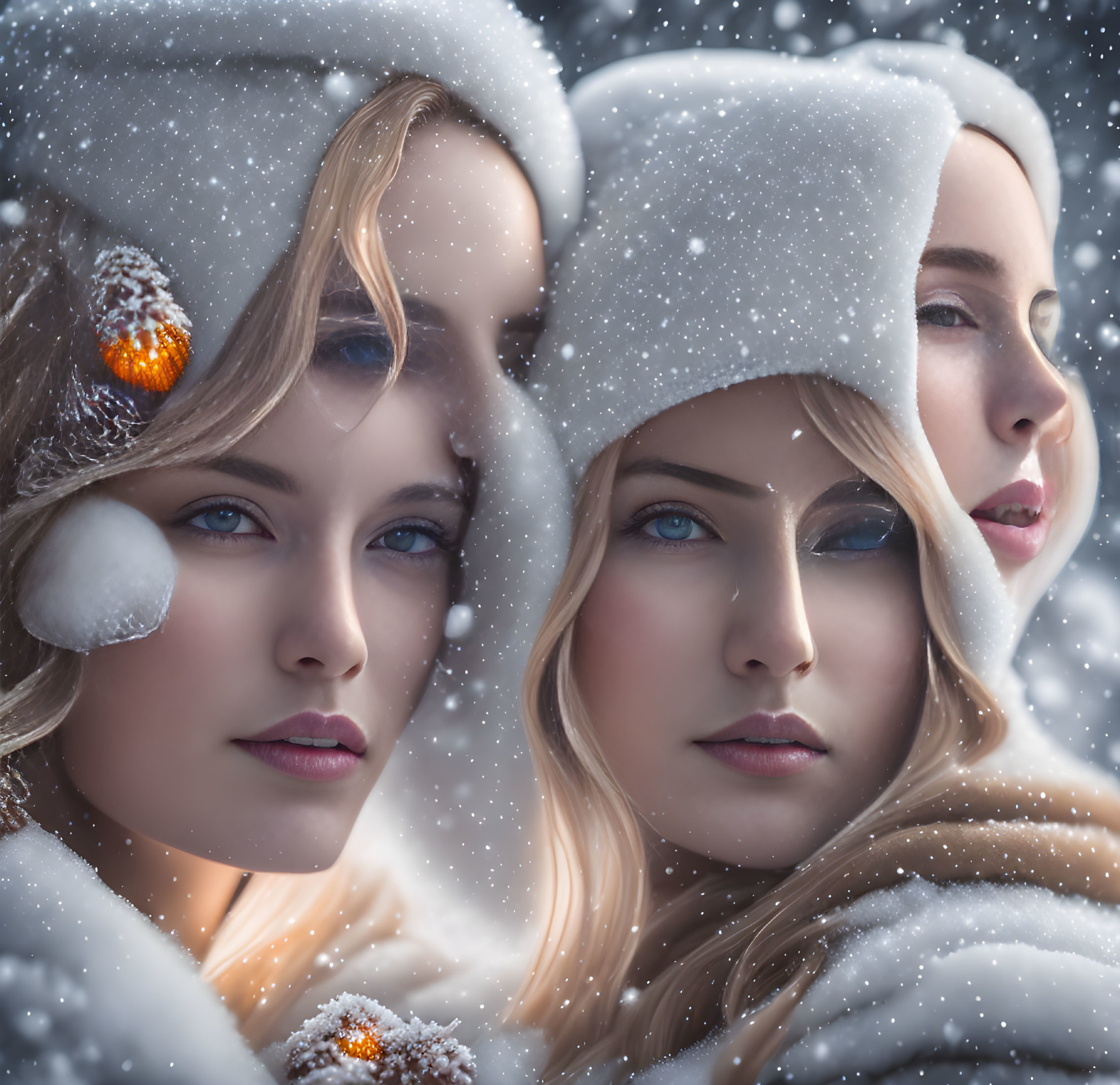 Four Women in Snow-covered Hoods Embrace Winter Beauty