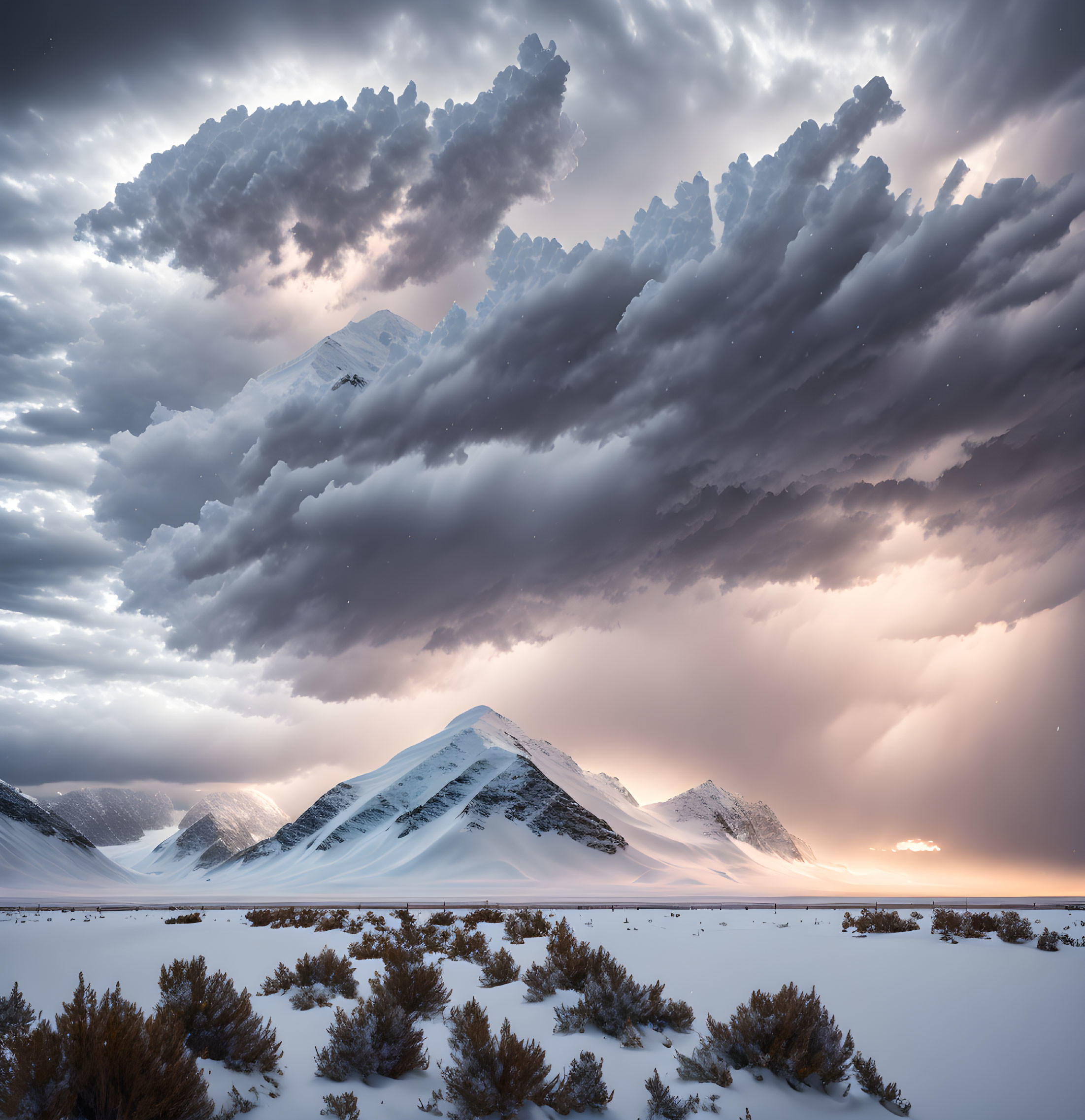 Snowy Mountain Landscape with Textured Sky and Bare Shrubs