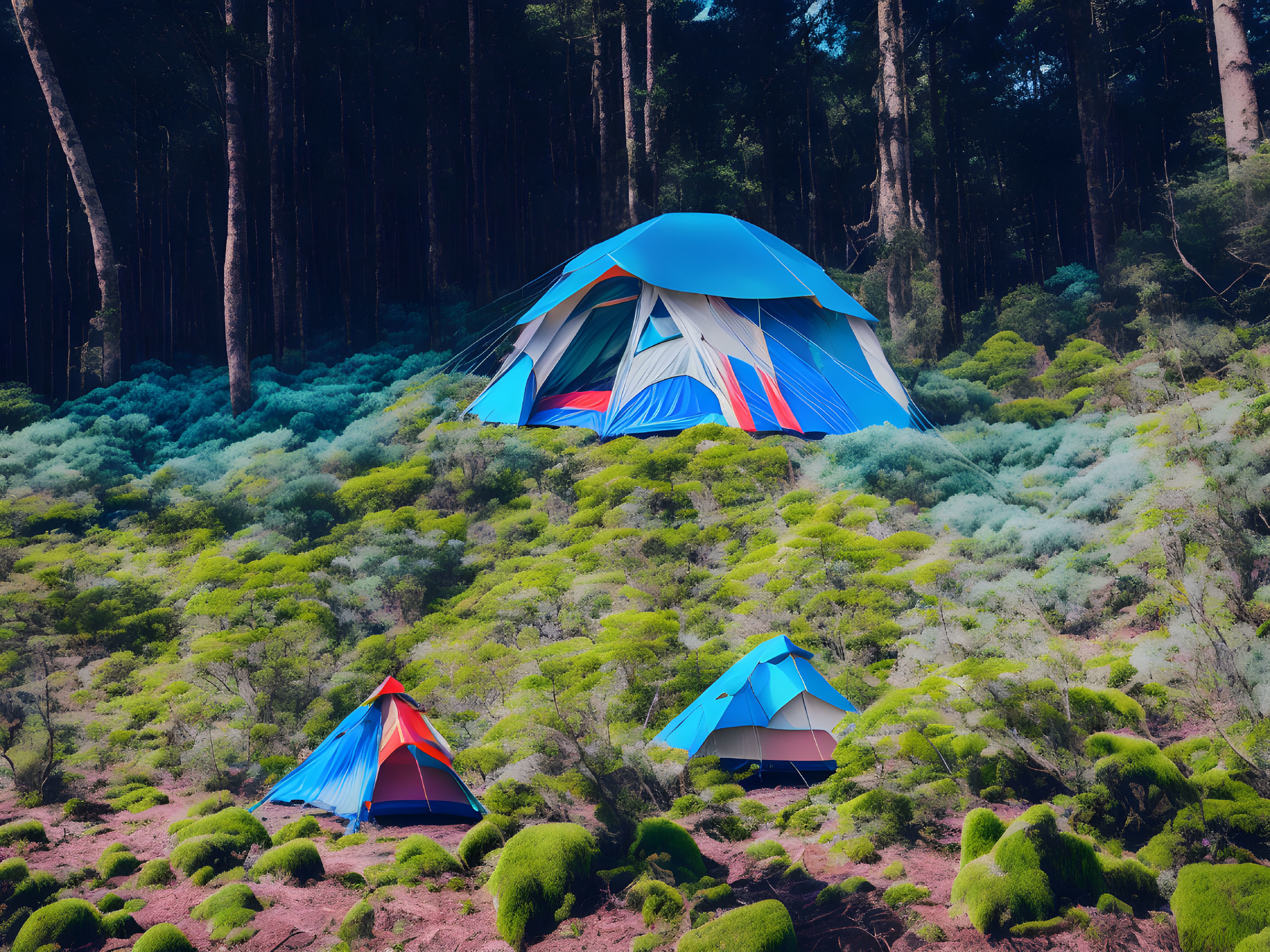 Vibrant tents in lush forest setting with towering trees