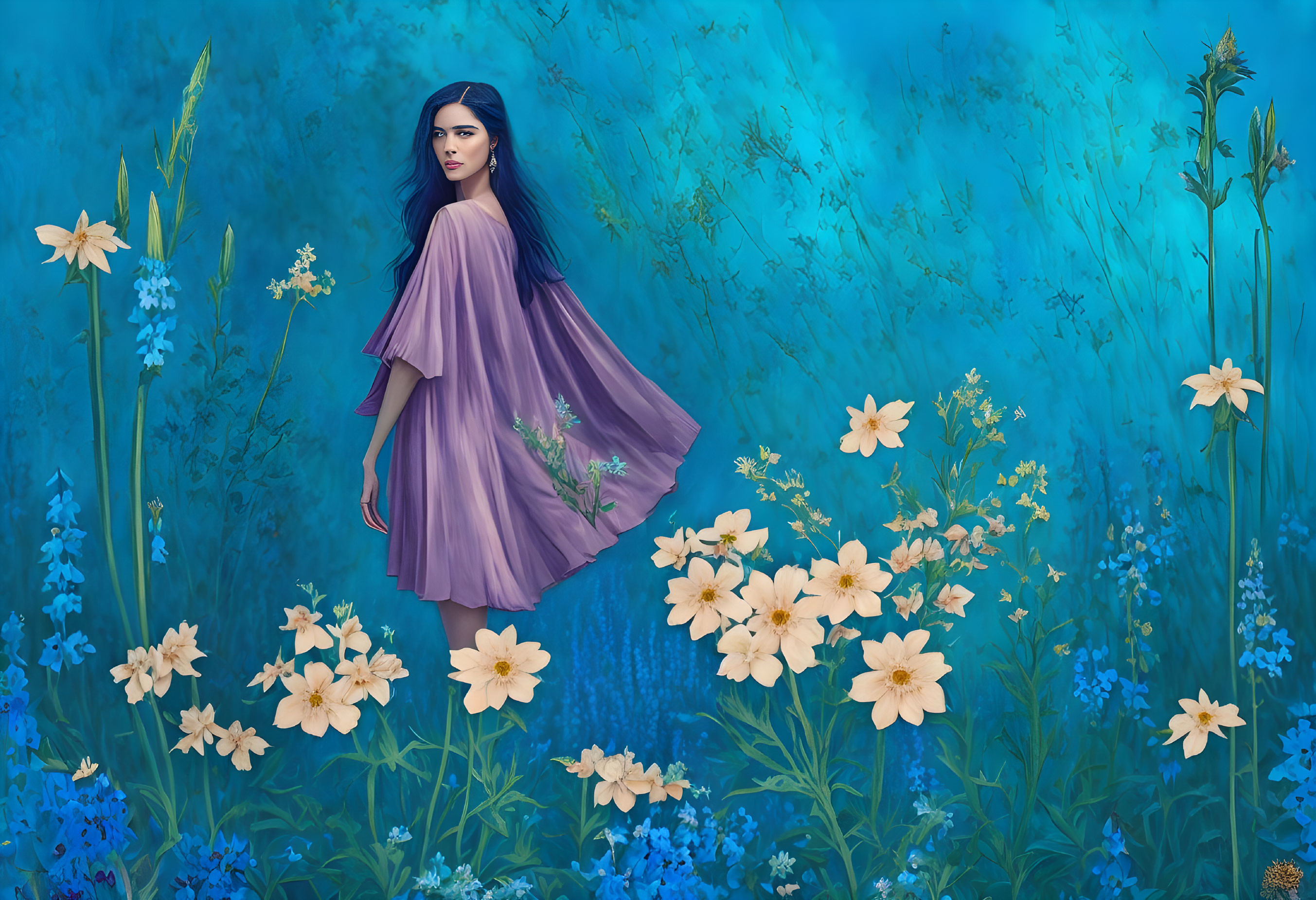 Woman in lilac dress in vibrant blue fantasy meadow with flowers