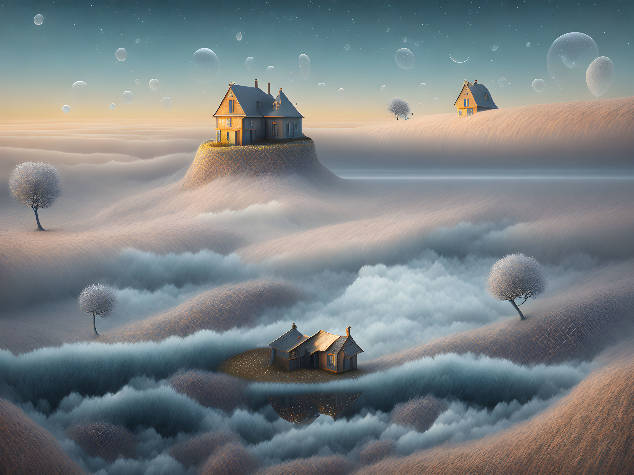 Surreal landscape: houses on rolling hills, twilight sky, trees, bubbles