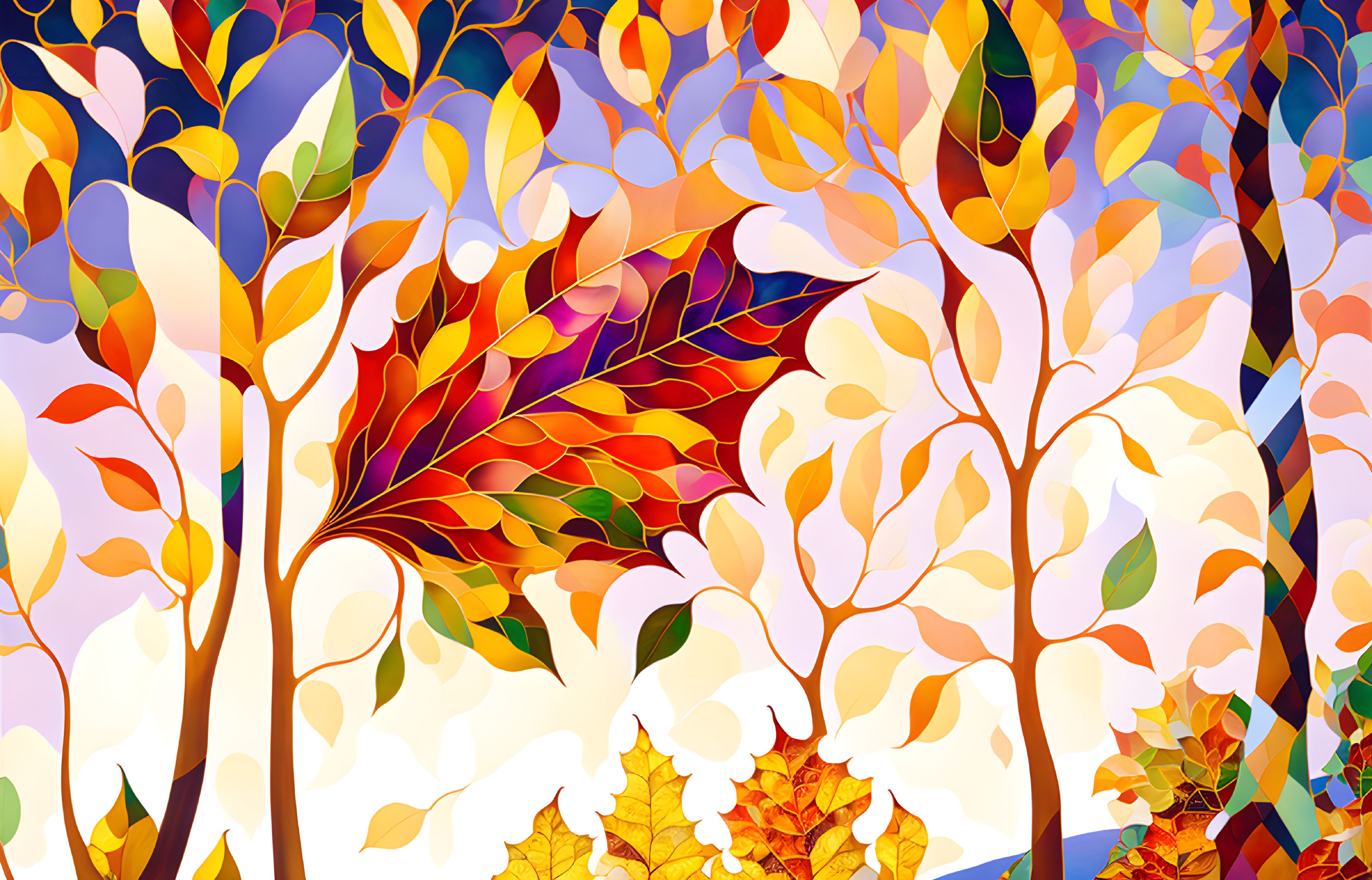 Vibrant autumn forest illustration with stylized trees and leaves