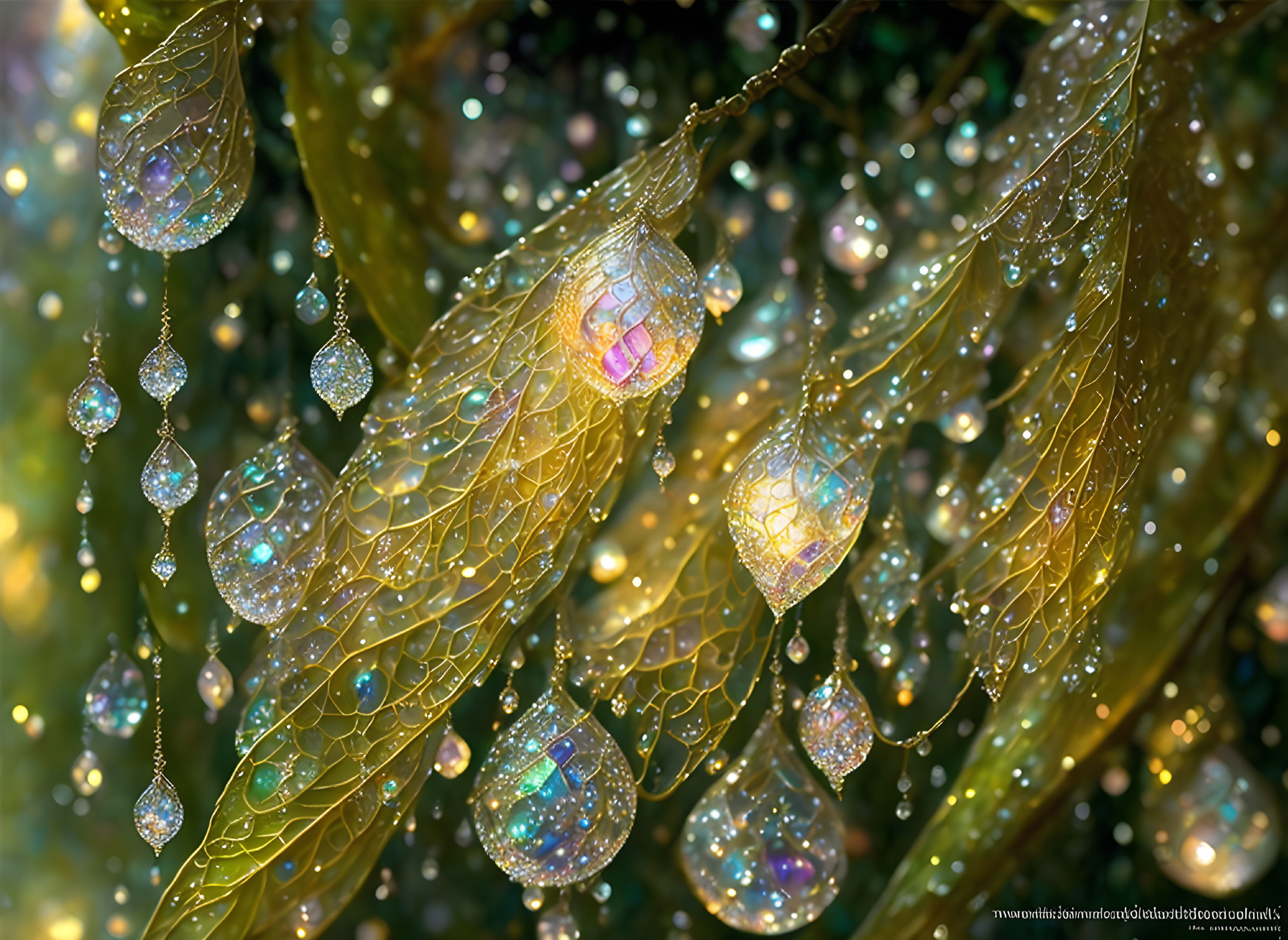 Golden skeletal leaves with glistening dewdrops in soft focus