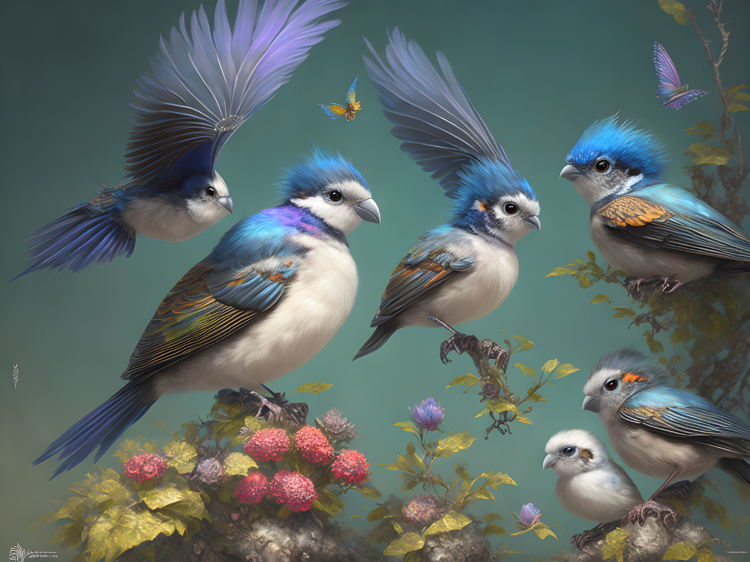 Stylized birds with vibrant blue feathers among flowers and butterflies