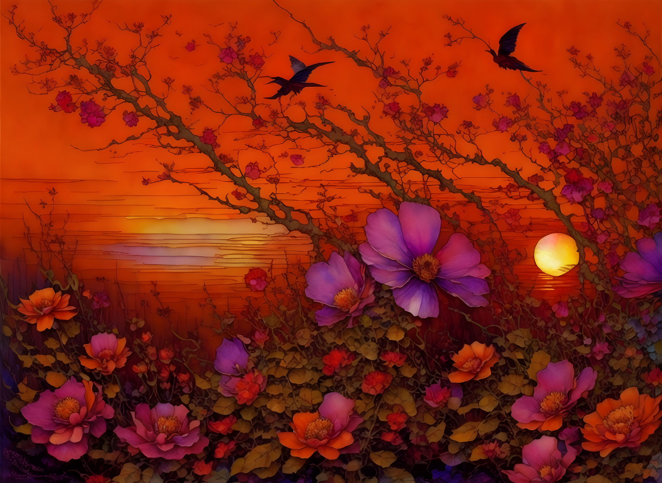 Purple flowers and branch silhouette in vibrant digital painting