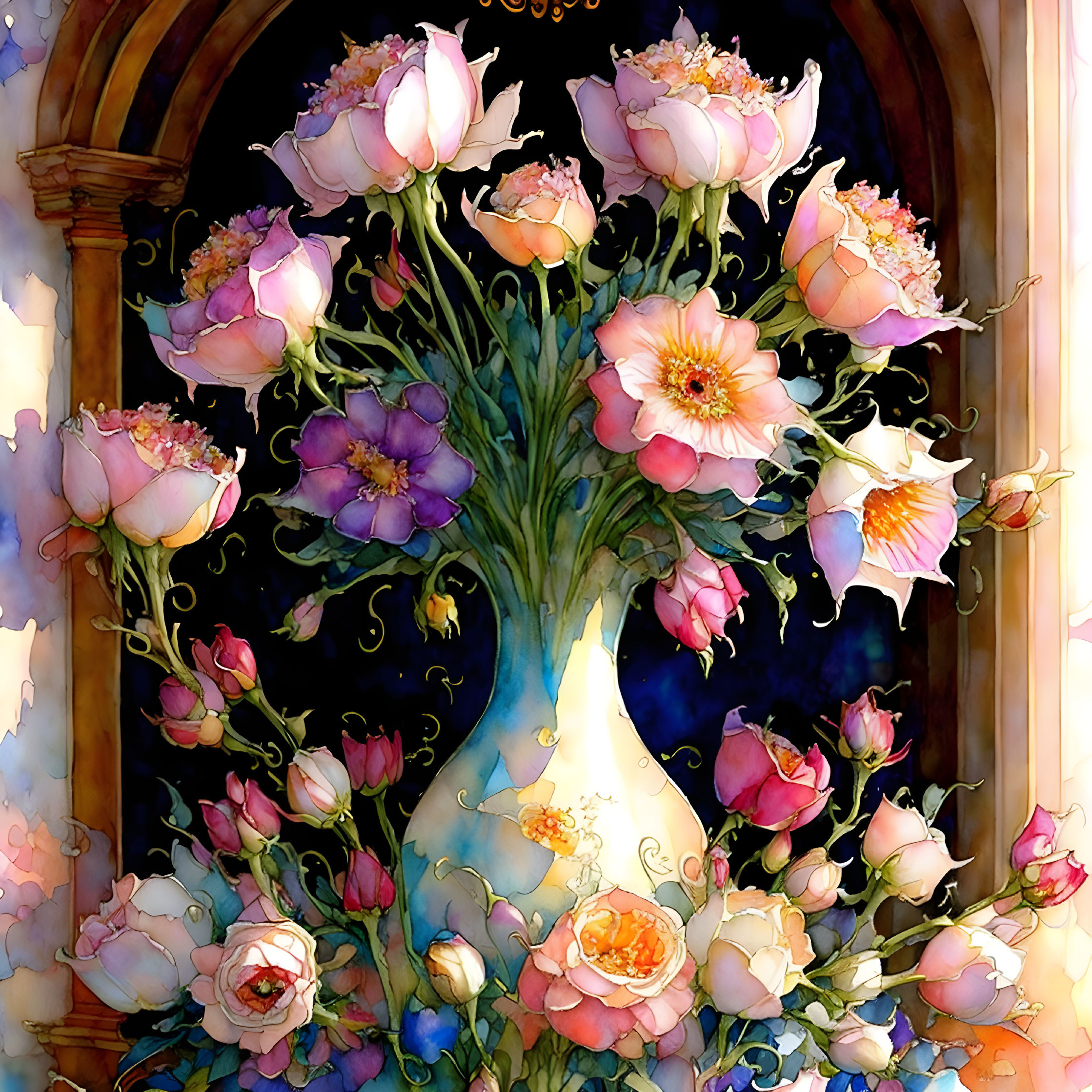 Colorful Pastel Roses and Flowers in Arched Window Frame