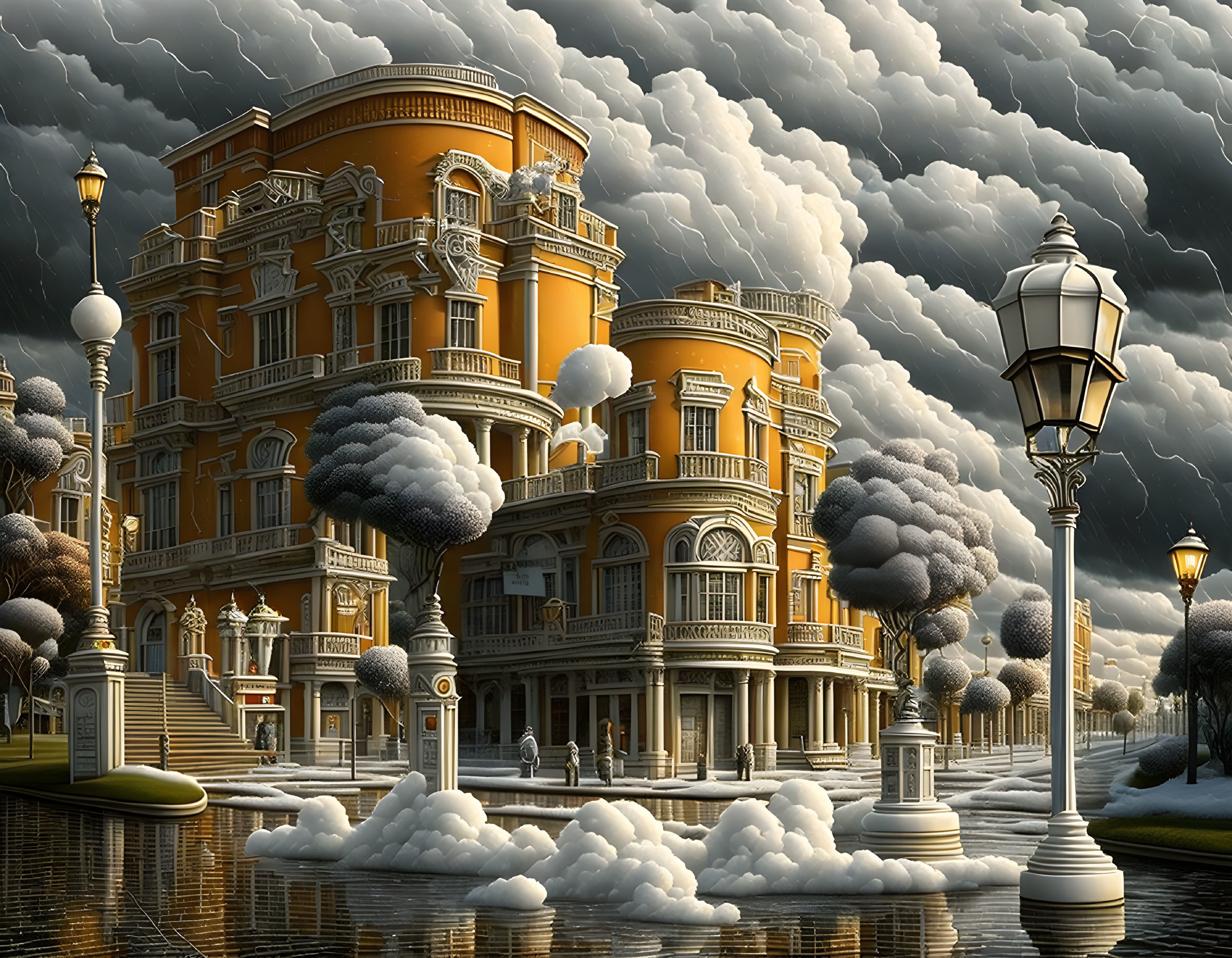 Opulent yellow mansion with surreal tree-shaped clouds and stormy sky.